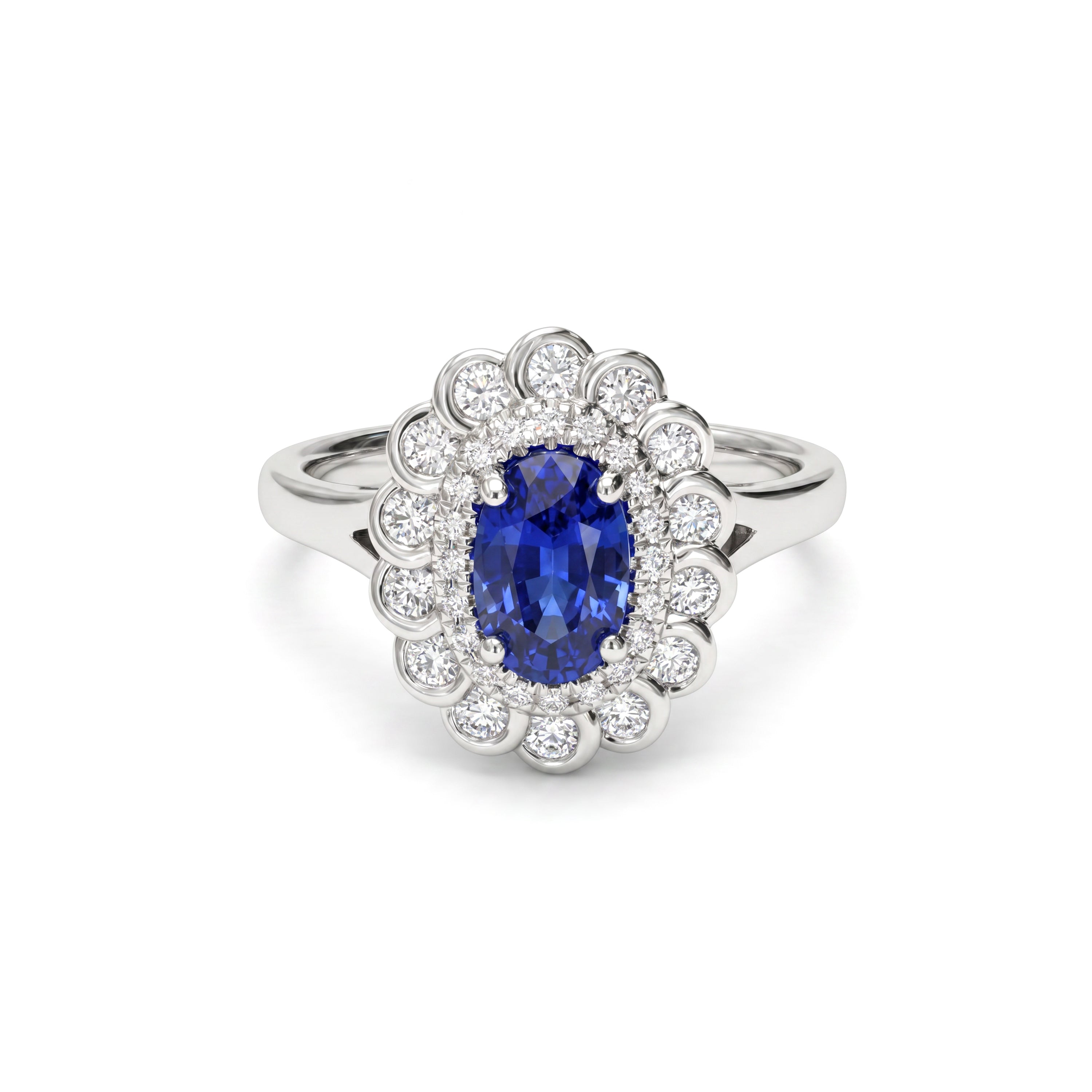 Natural Oval Sapphire & Diamond Bezel Halo Ring