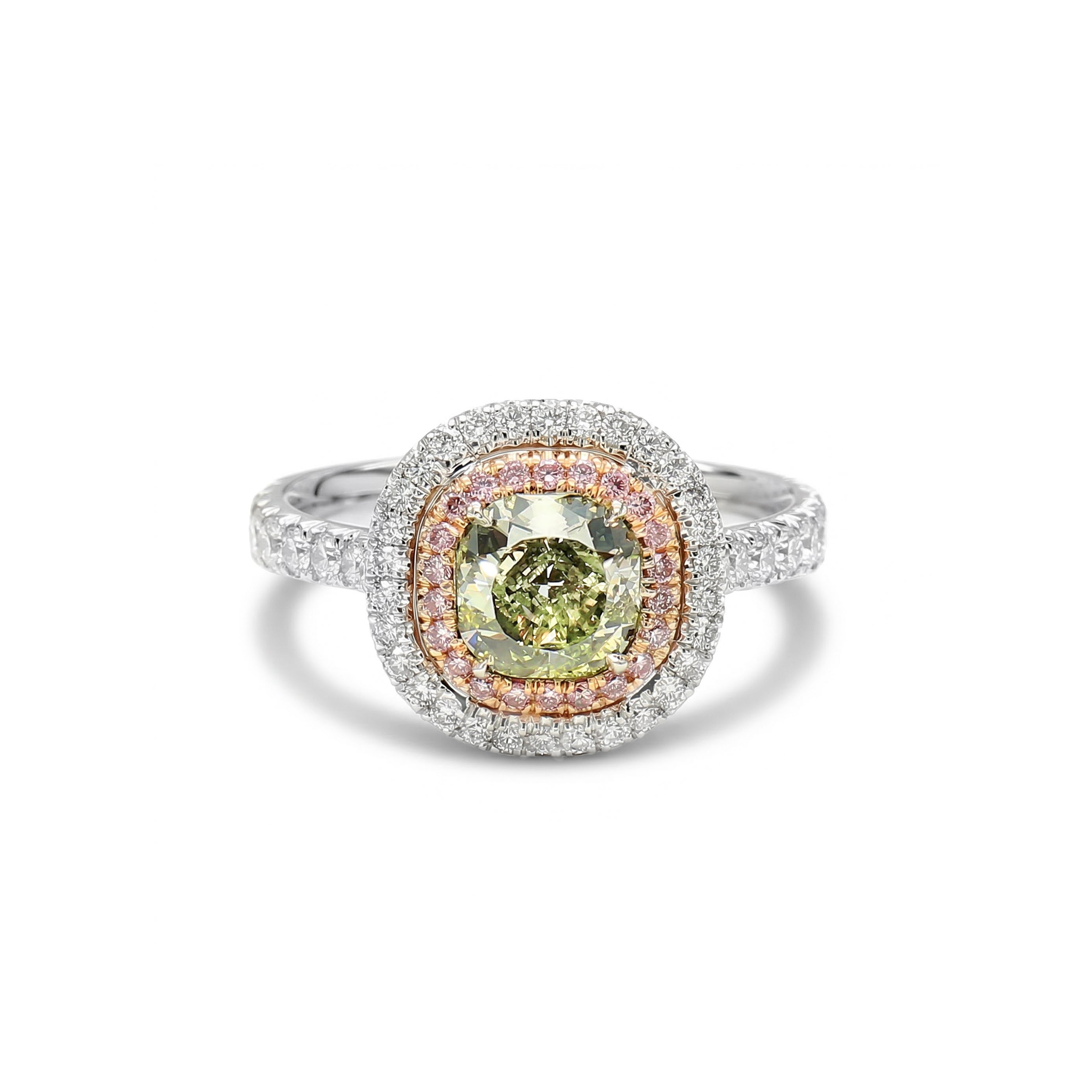 Natural Green Cushion Diamond Halo Ring | GIA Certified product image 1