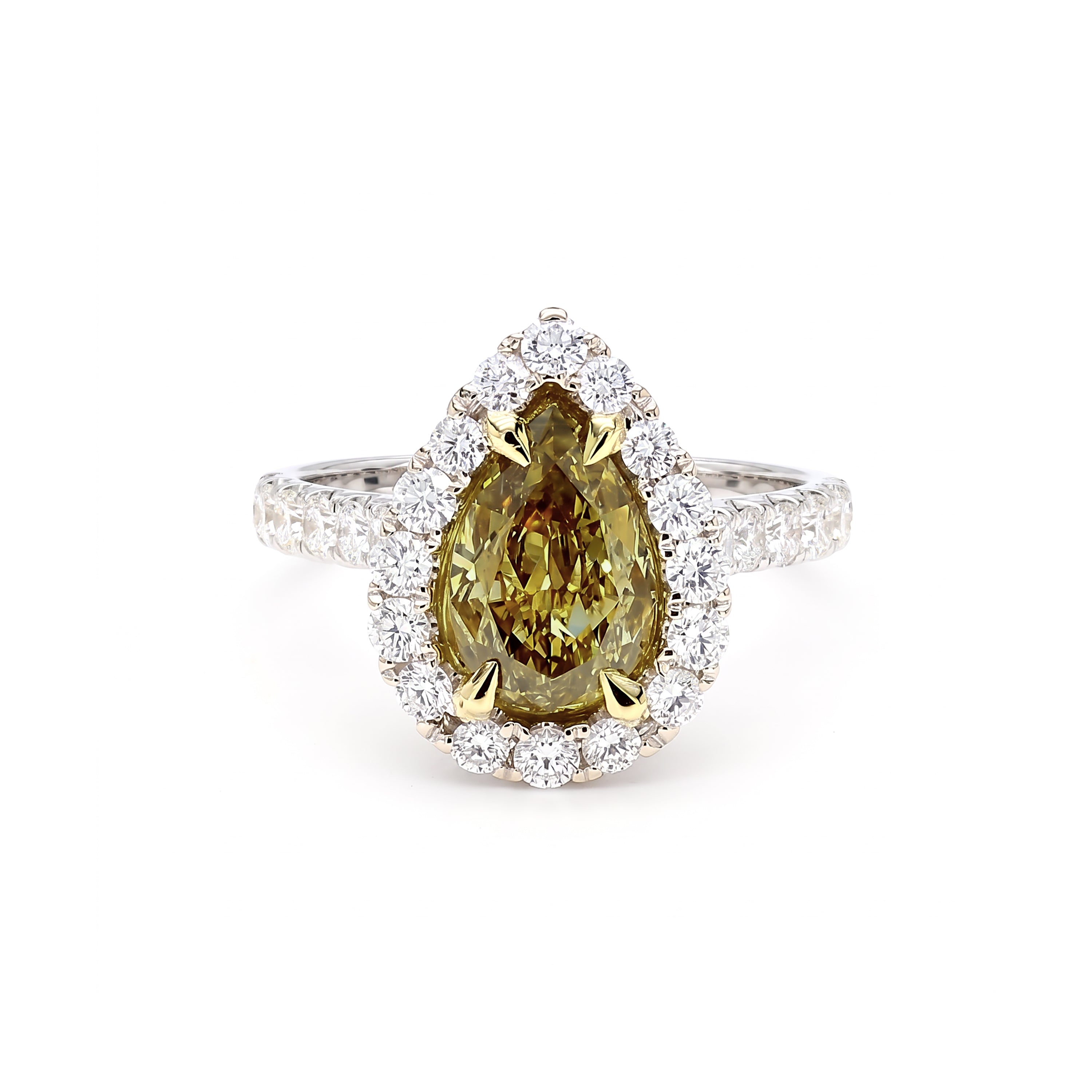 Natural Green Pear Diamond Halo Ring | GIA Certified