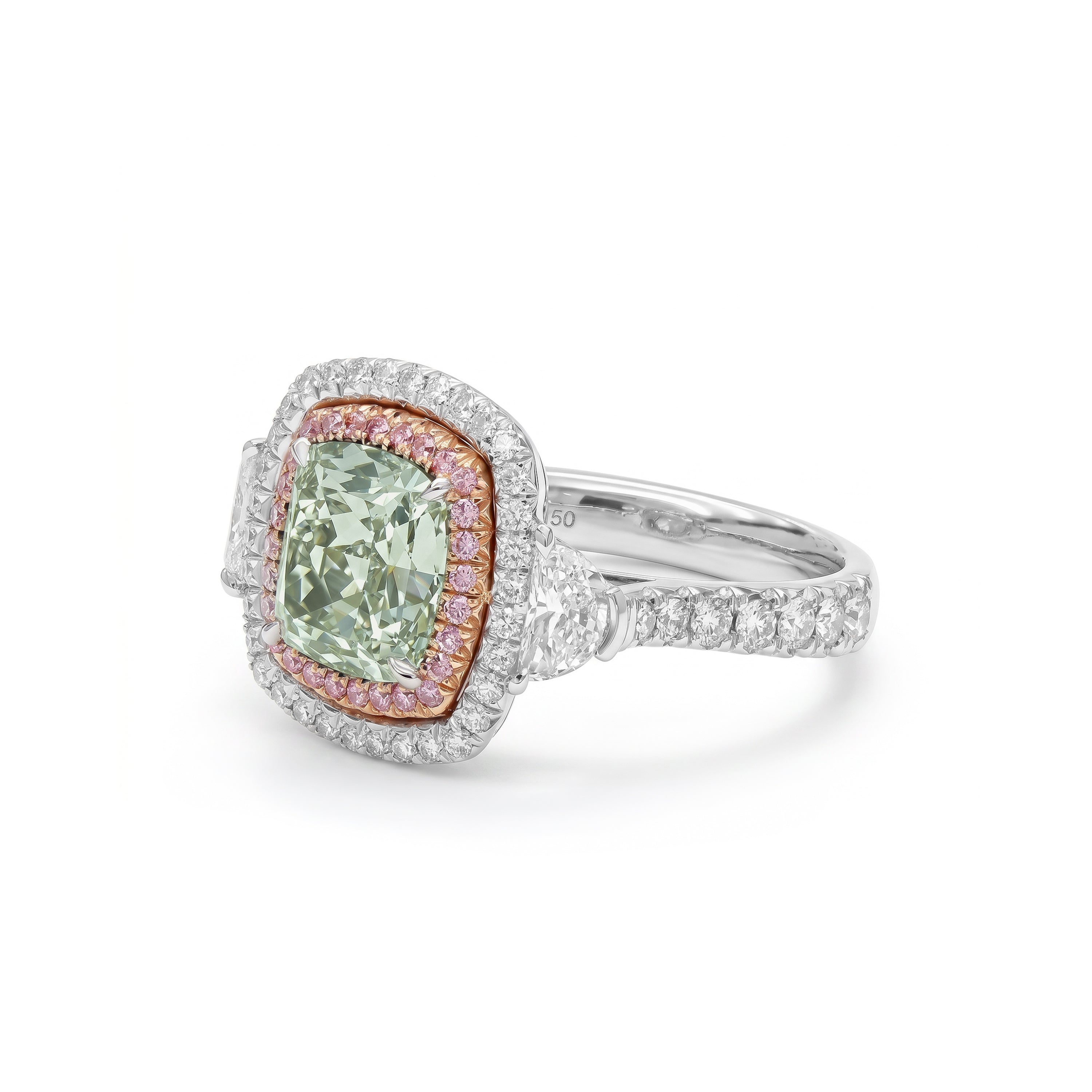 Natural Green Cushion Diamond Ring with Pink Halo | GIA Certified
