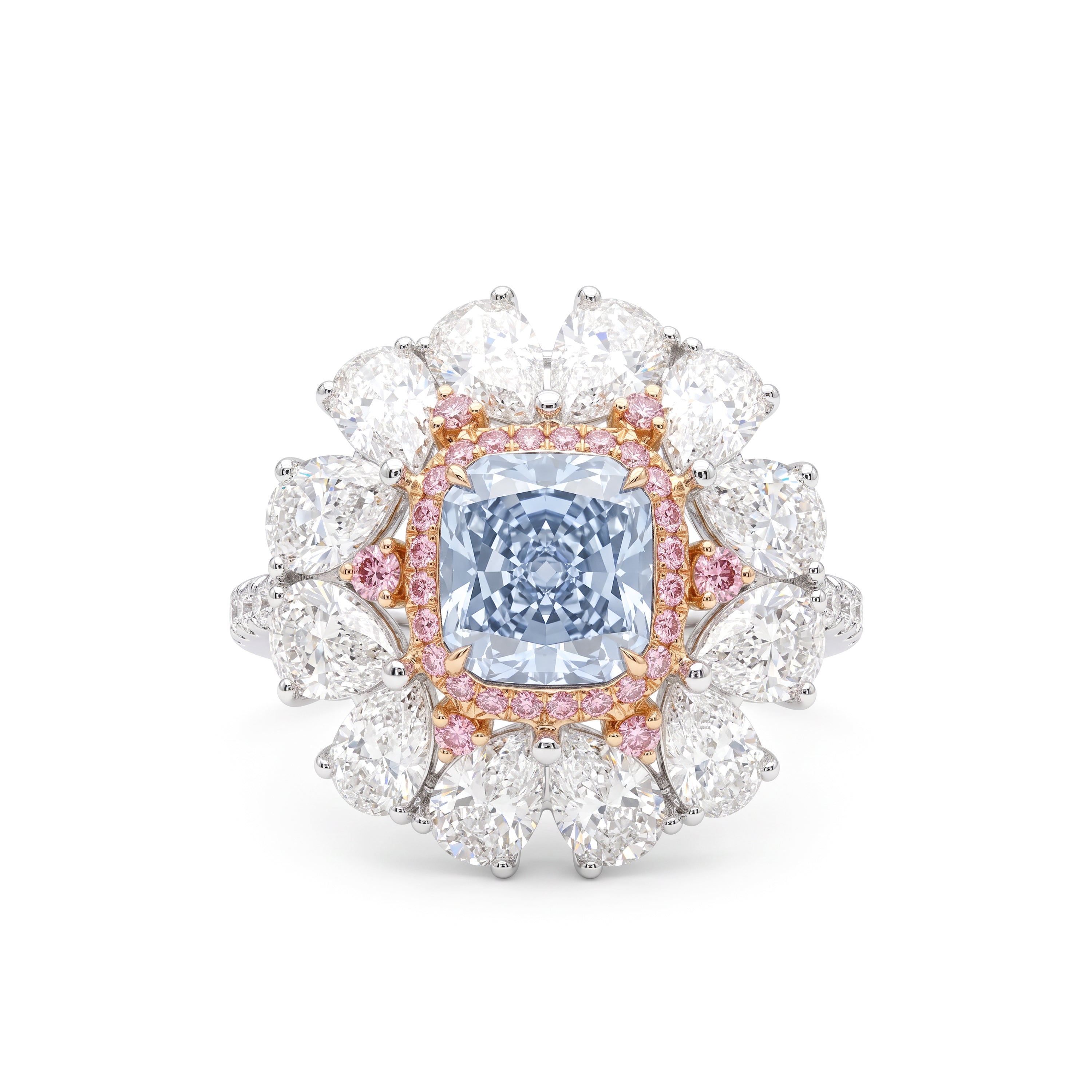 Natural Blue Radiant Diamond Floral Halo Ring | GIA Certified