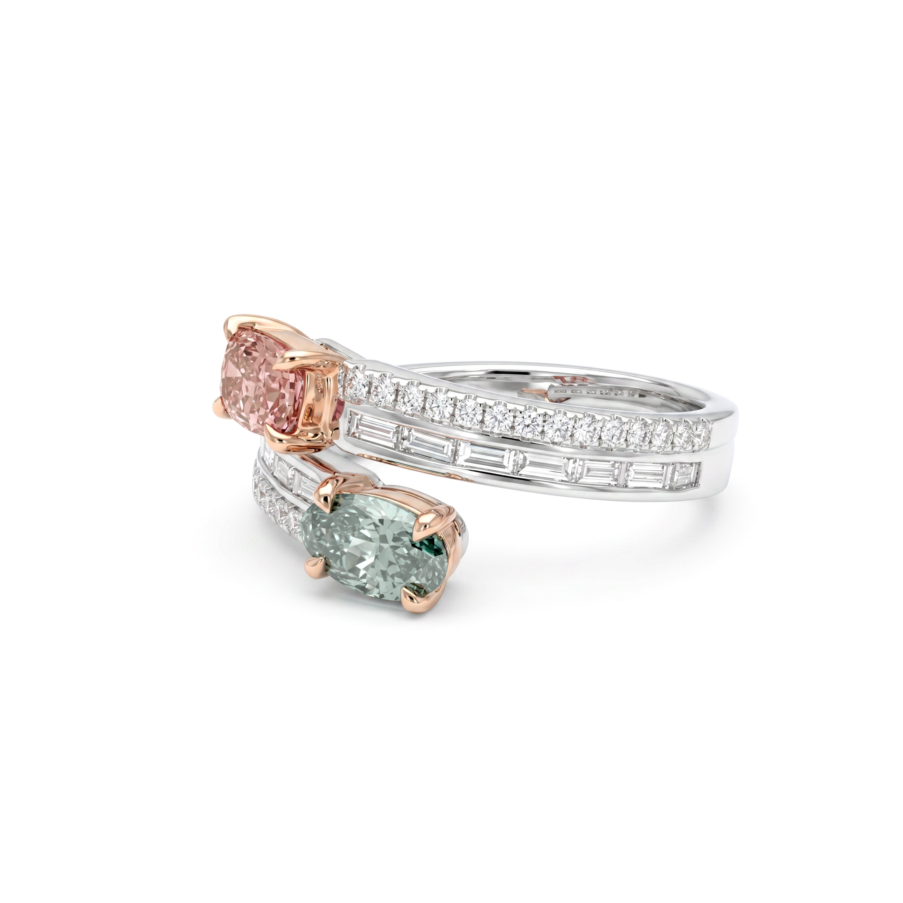 Natural Pink & Green Diamond Crossover Ring | GIA Certified