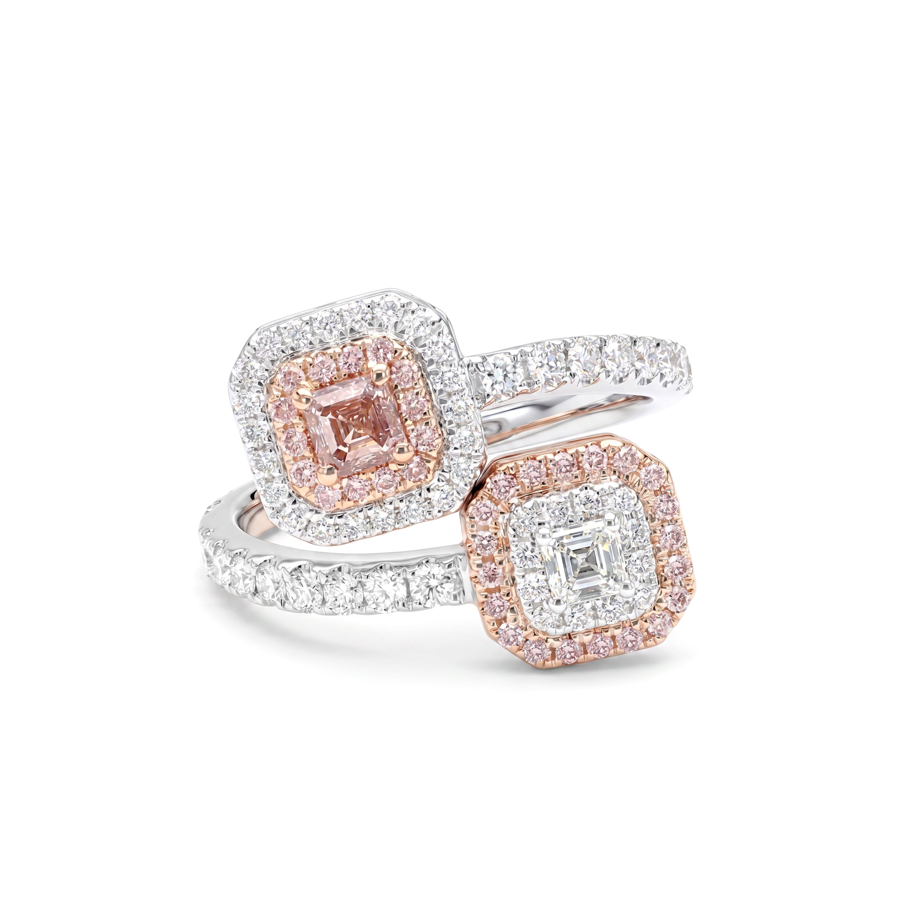Natural Pink Asscher Diamond Crossover Halo Ring | GIA CERTIFIED