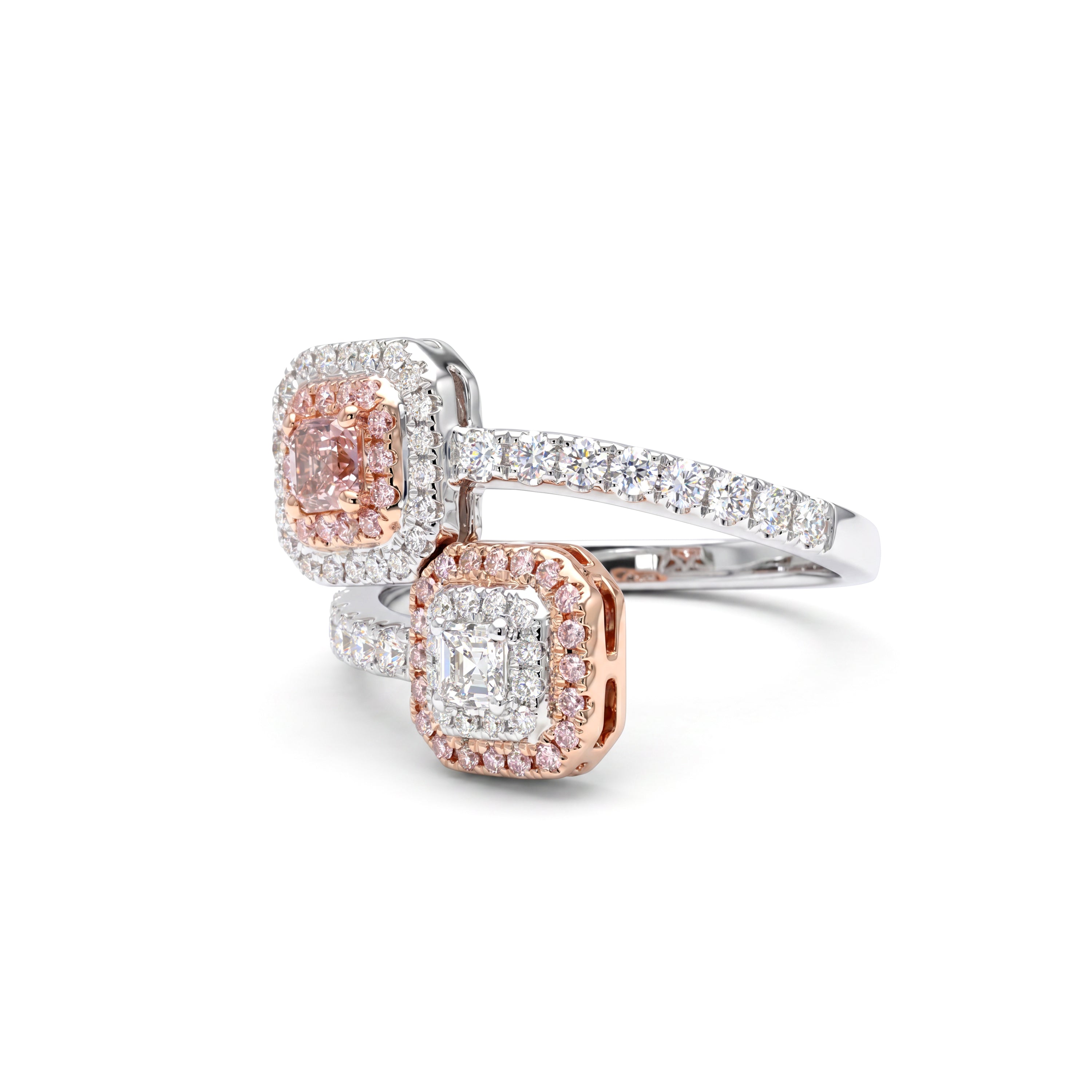 Natural Pink Asscher Diamond Crossover Halo Ring | GIA CERTIFIED