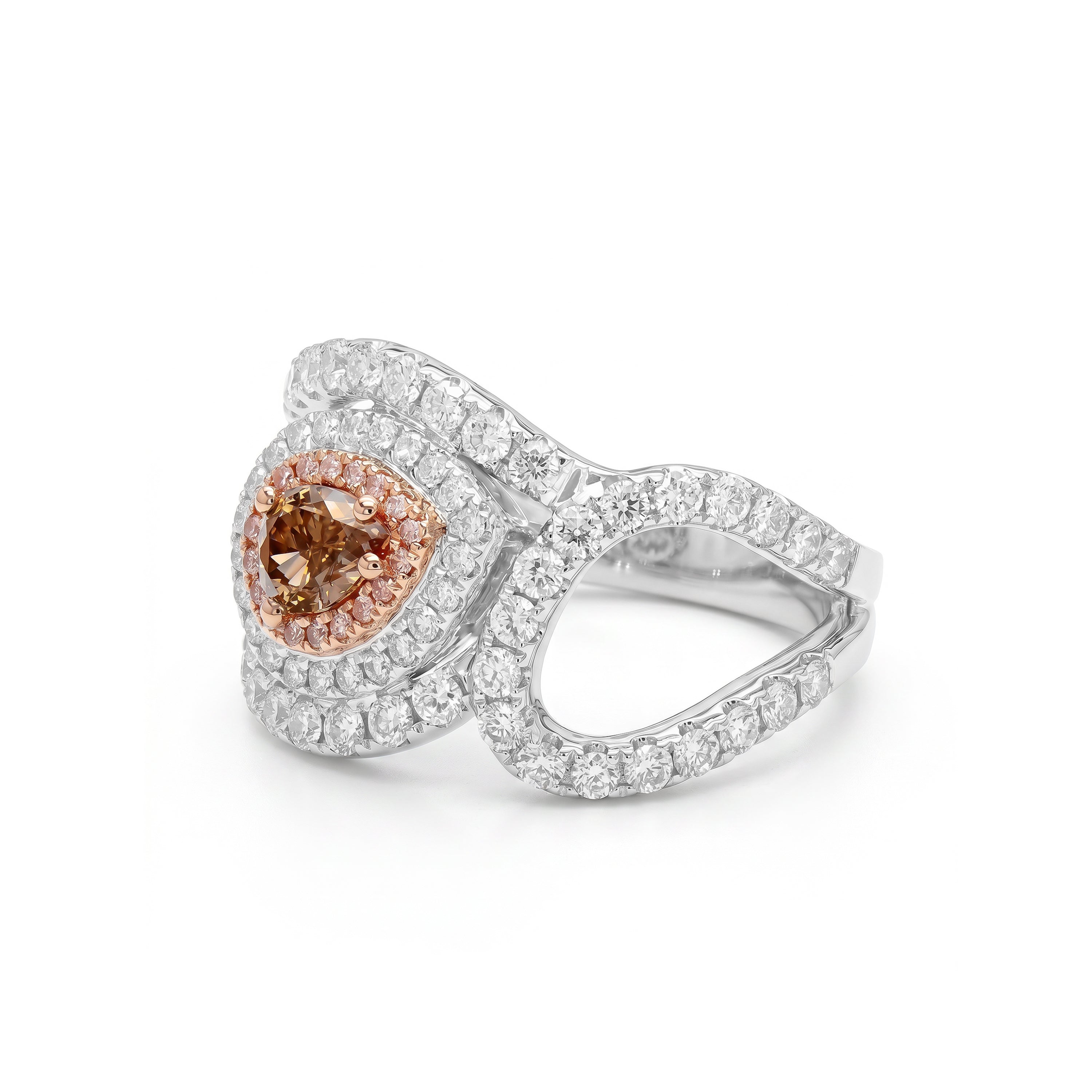Natural Brown Pear Diamond Ring with Pink Halo | Gia Certified