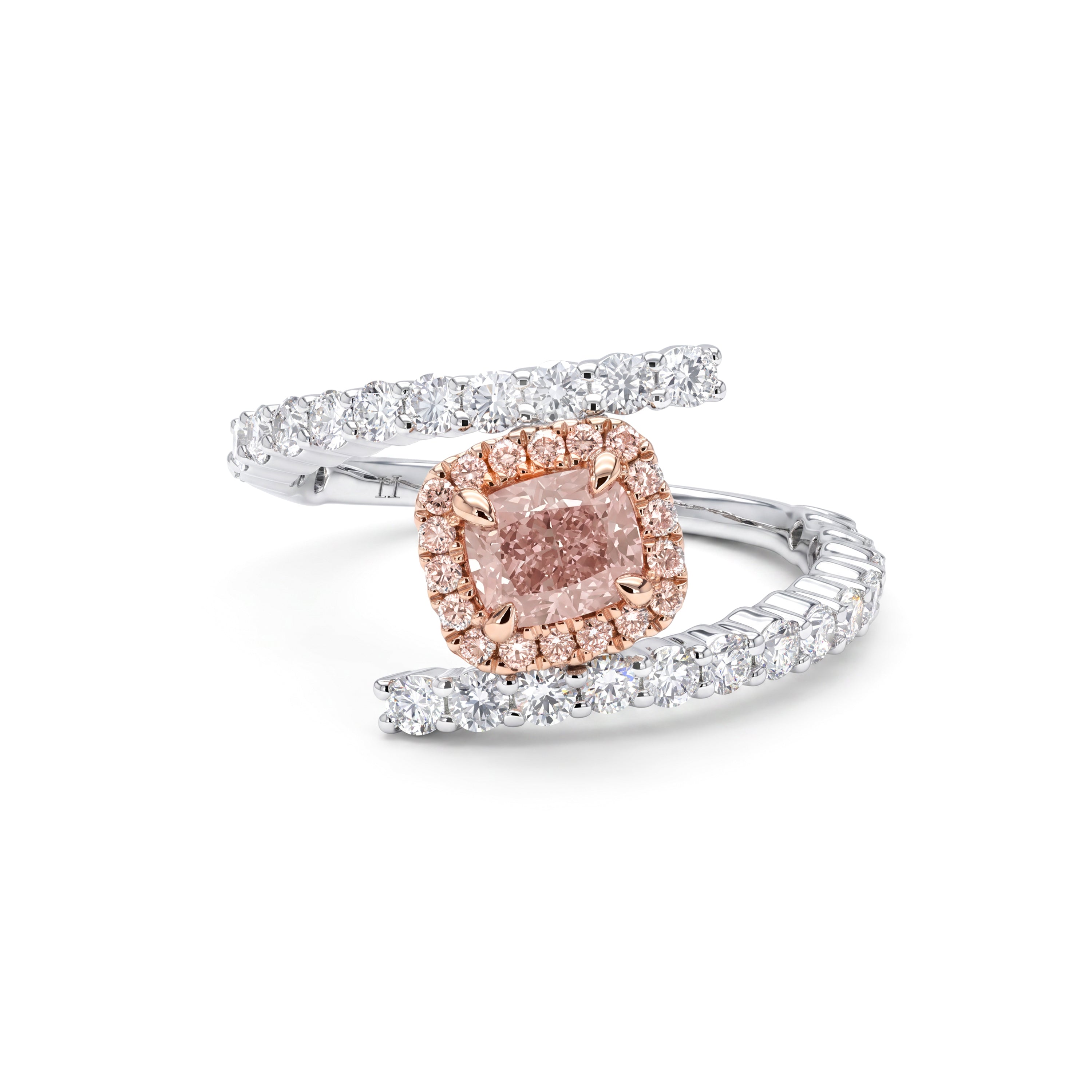 Natural Pink Cushion Diamond Crossover Halo Ring | GIA Certified