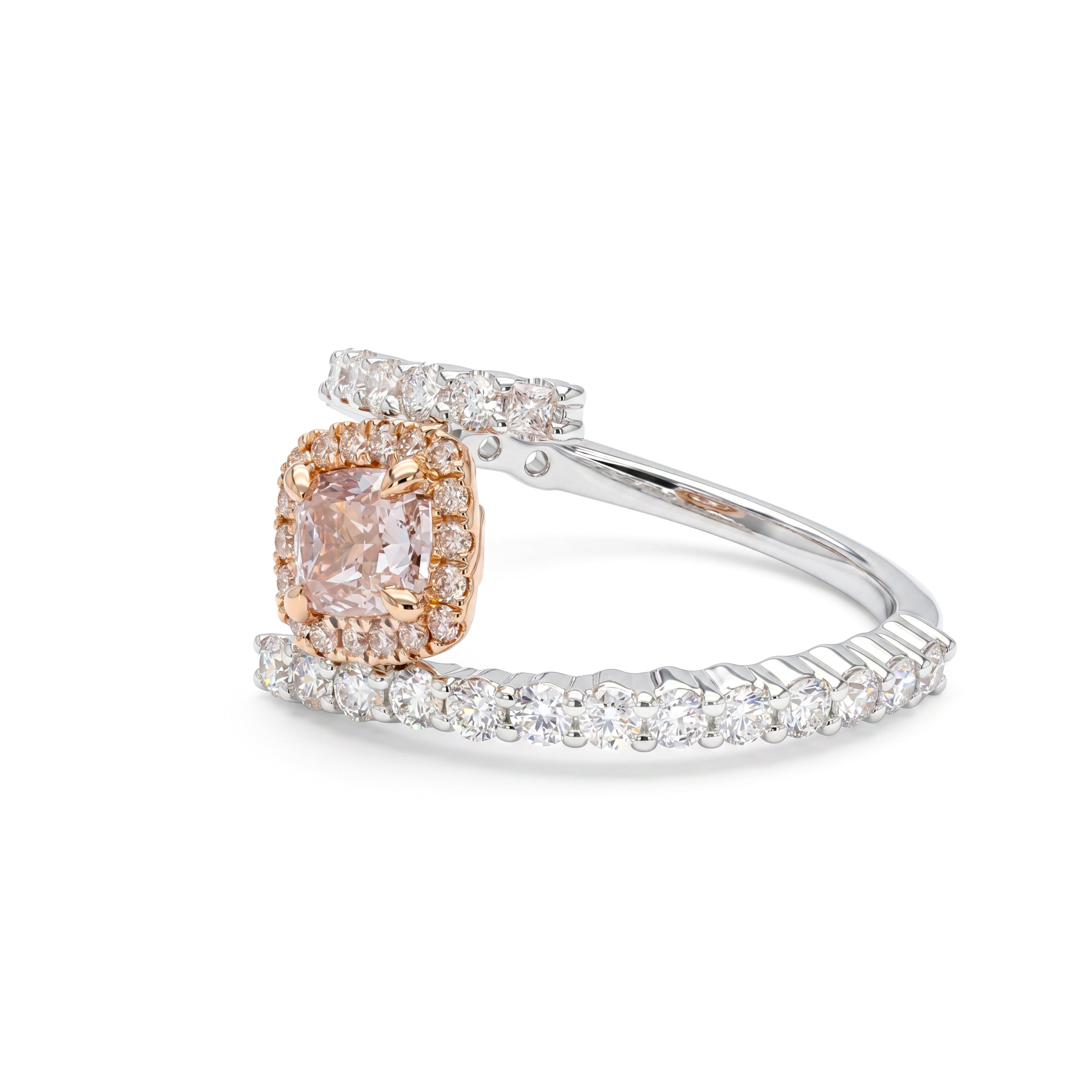 Natural Pink Cushion Diamond Crossover Halo Ring | GIA Certified