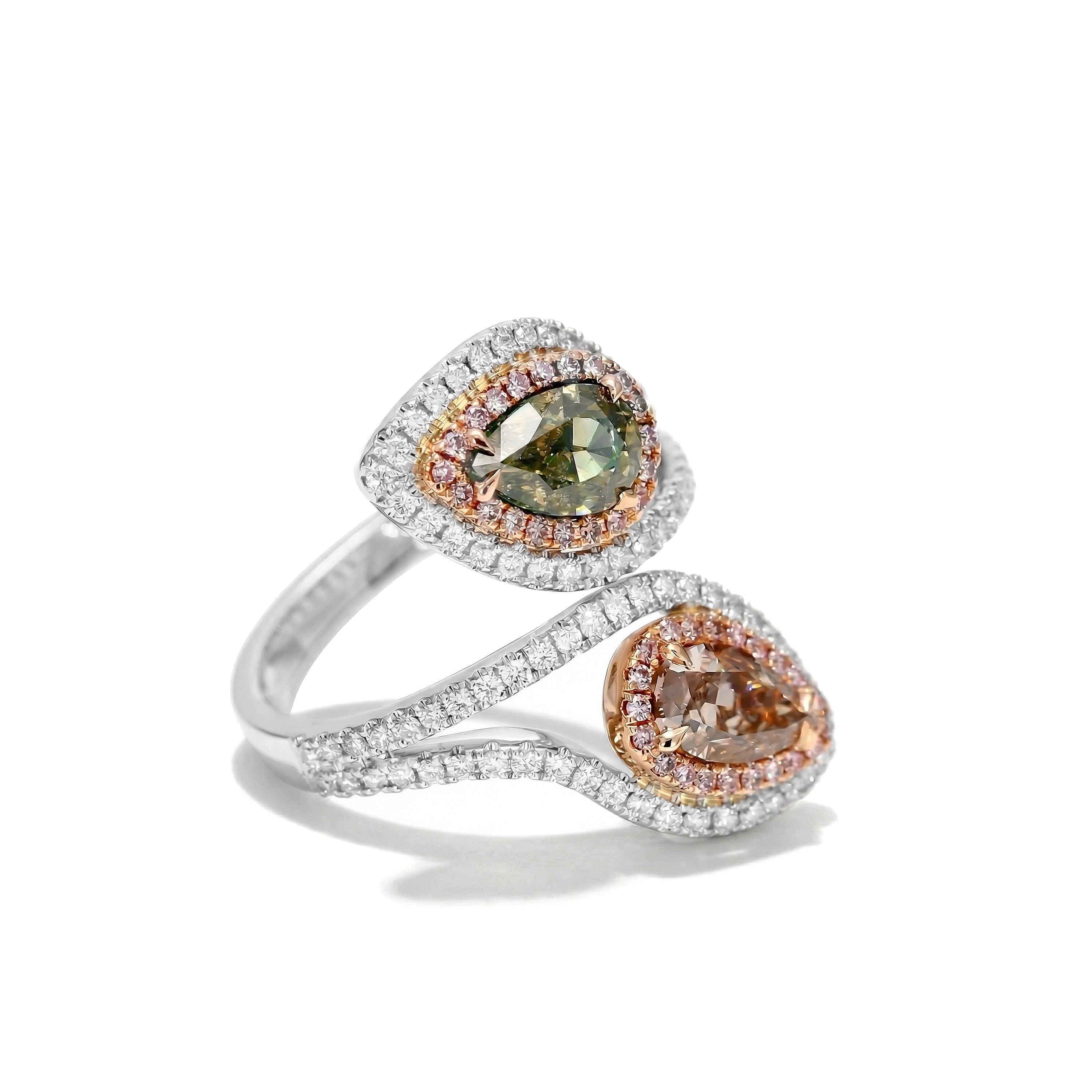 Natural Green & Pink Pear Diamond Crossover Ring | GIA Certified