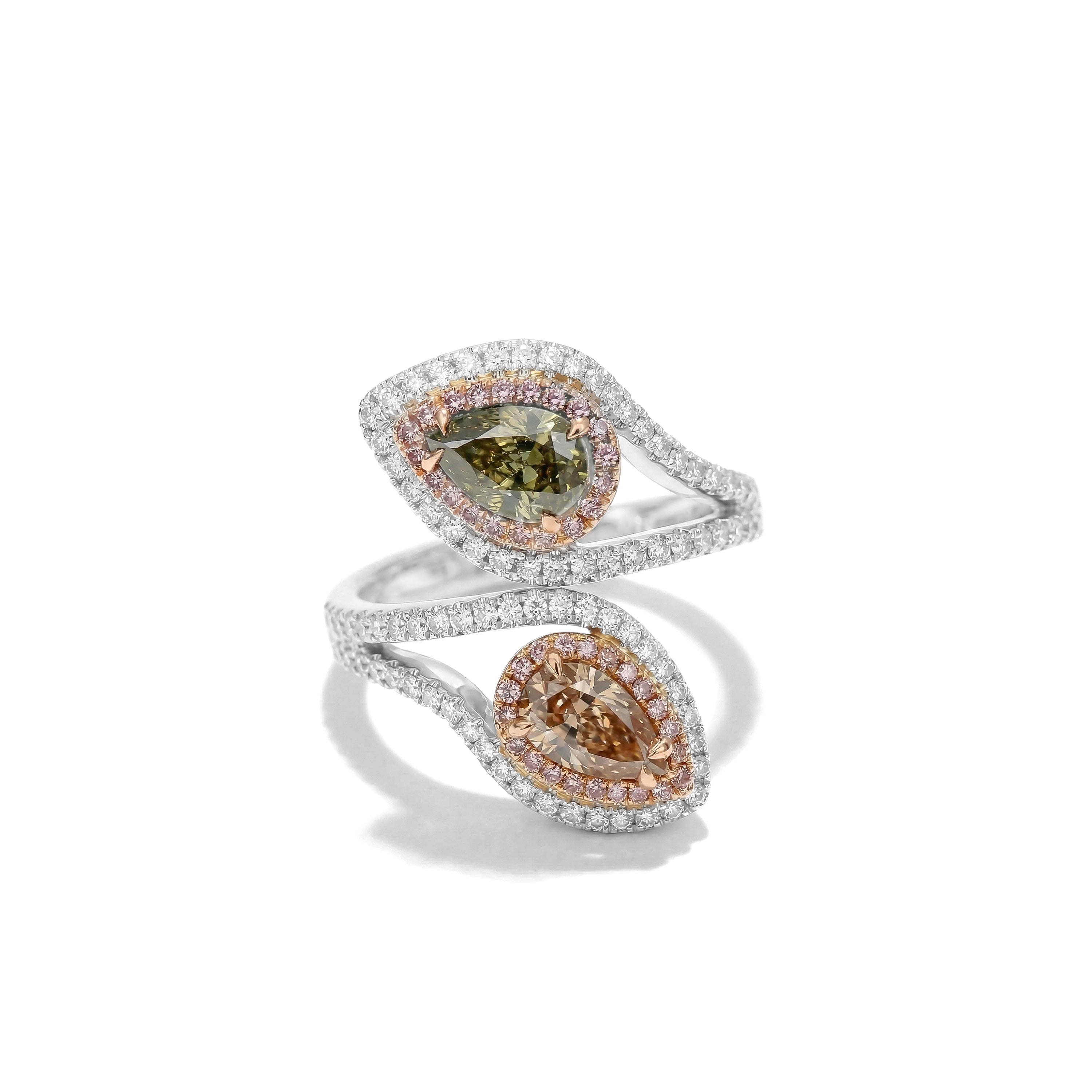 Natural Green & Pink Pear Diamond Crossover Ring | GIA Certified