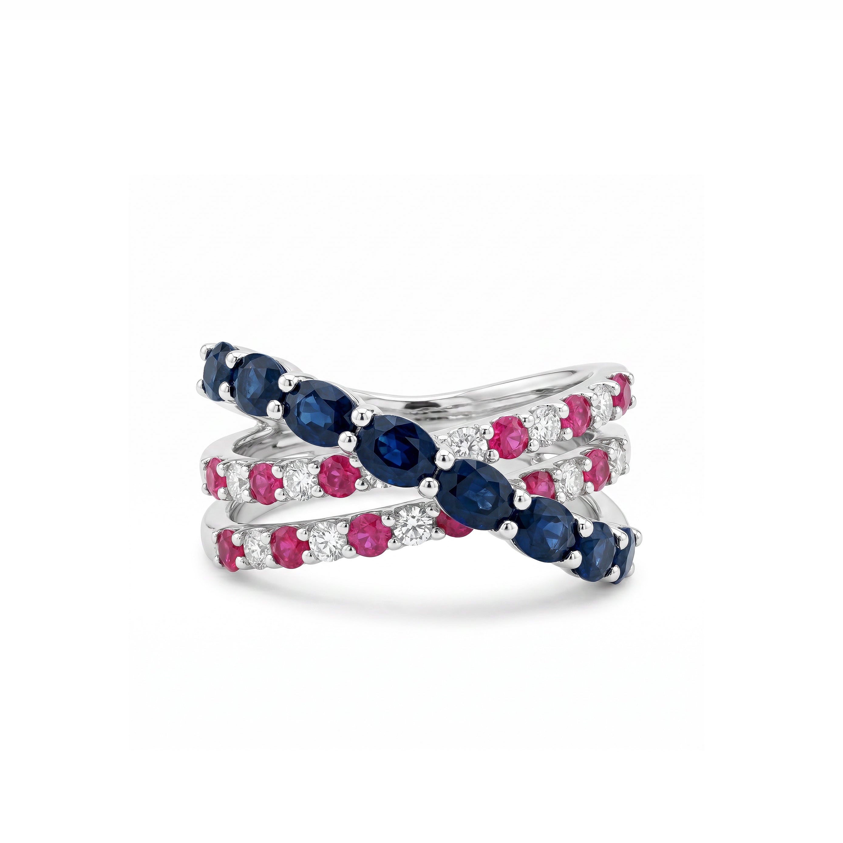 Natural Sapphire, Ruby & Diamond Crossover Ring