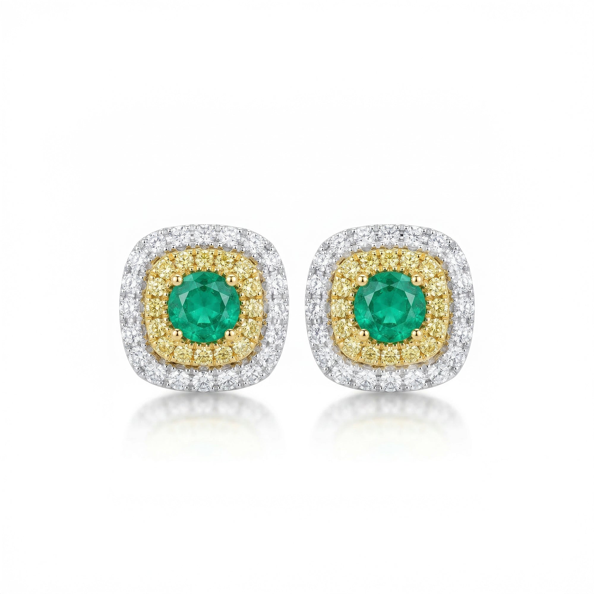 Round Emerald Earrings with Double Halo