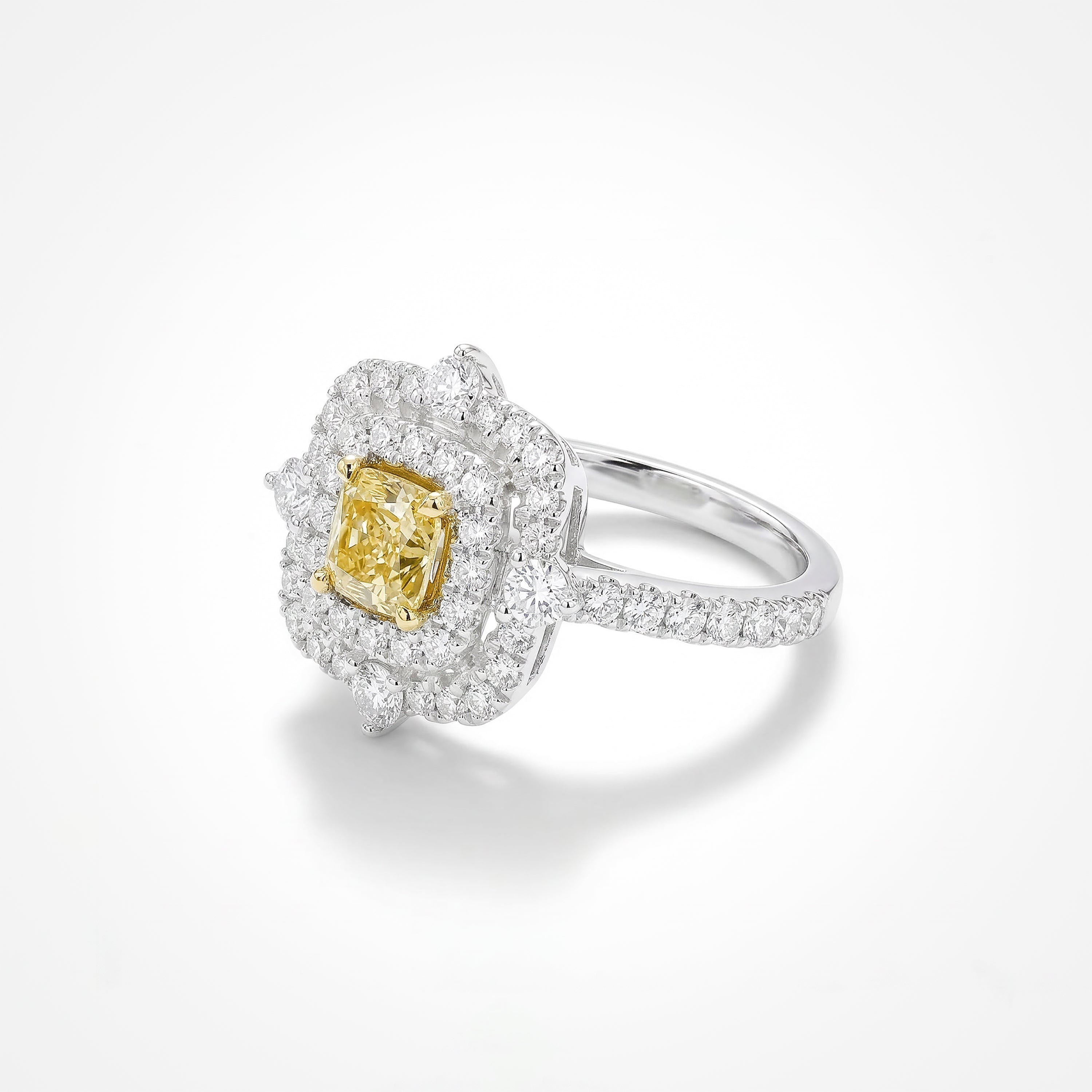 Double Halo Cushion Cut Yellow Diamond Ring
