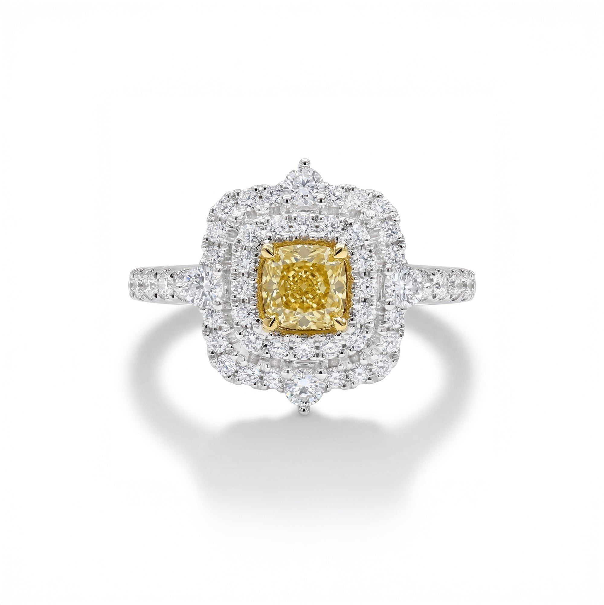 Double Halo Cushion Cut Yellow Diamond Ring