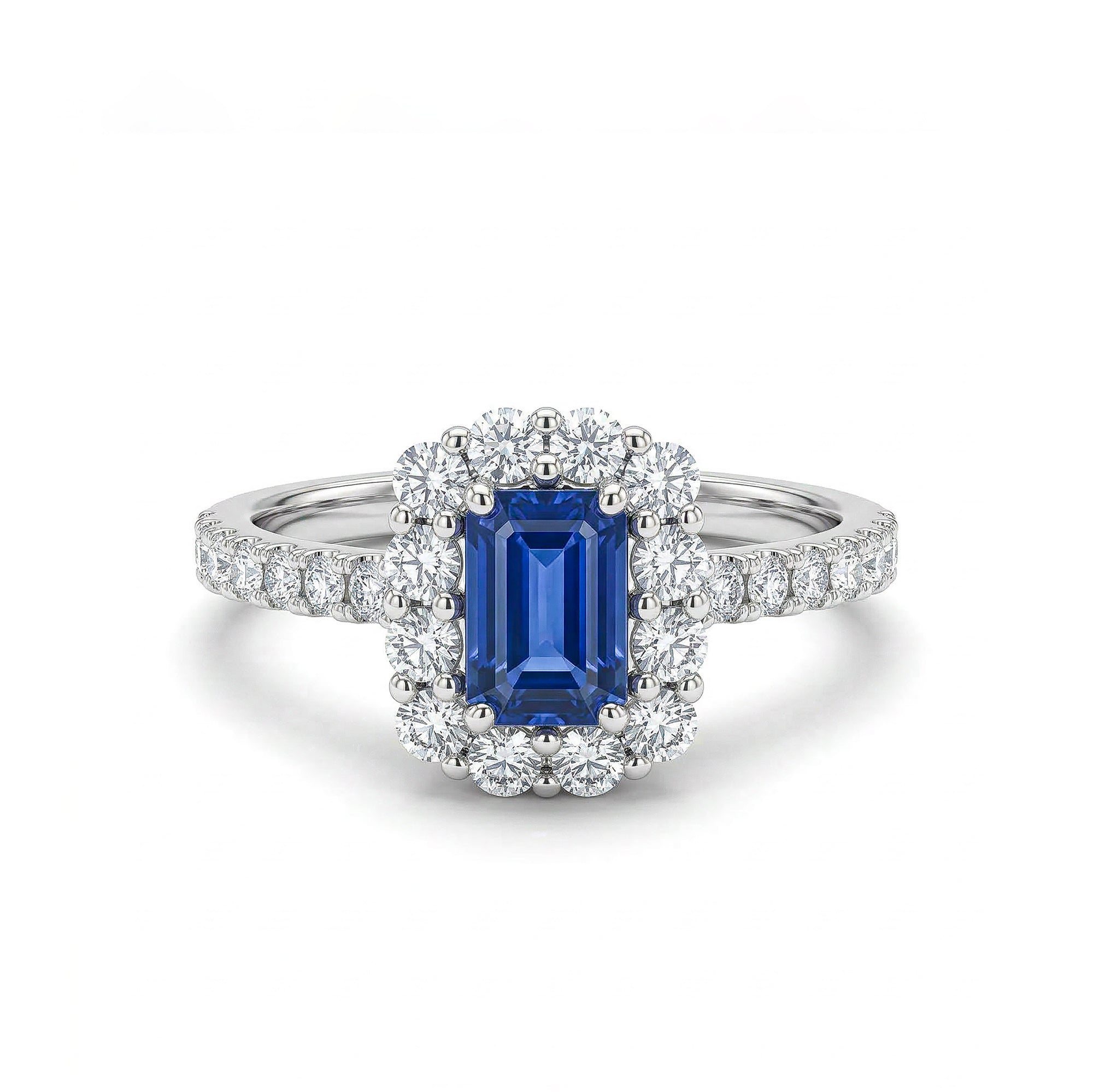 Natural Emerald Cut Sapphire & White Diamond Halo Ring product image 1