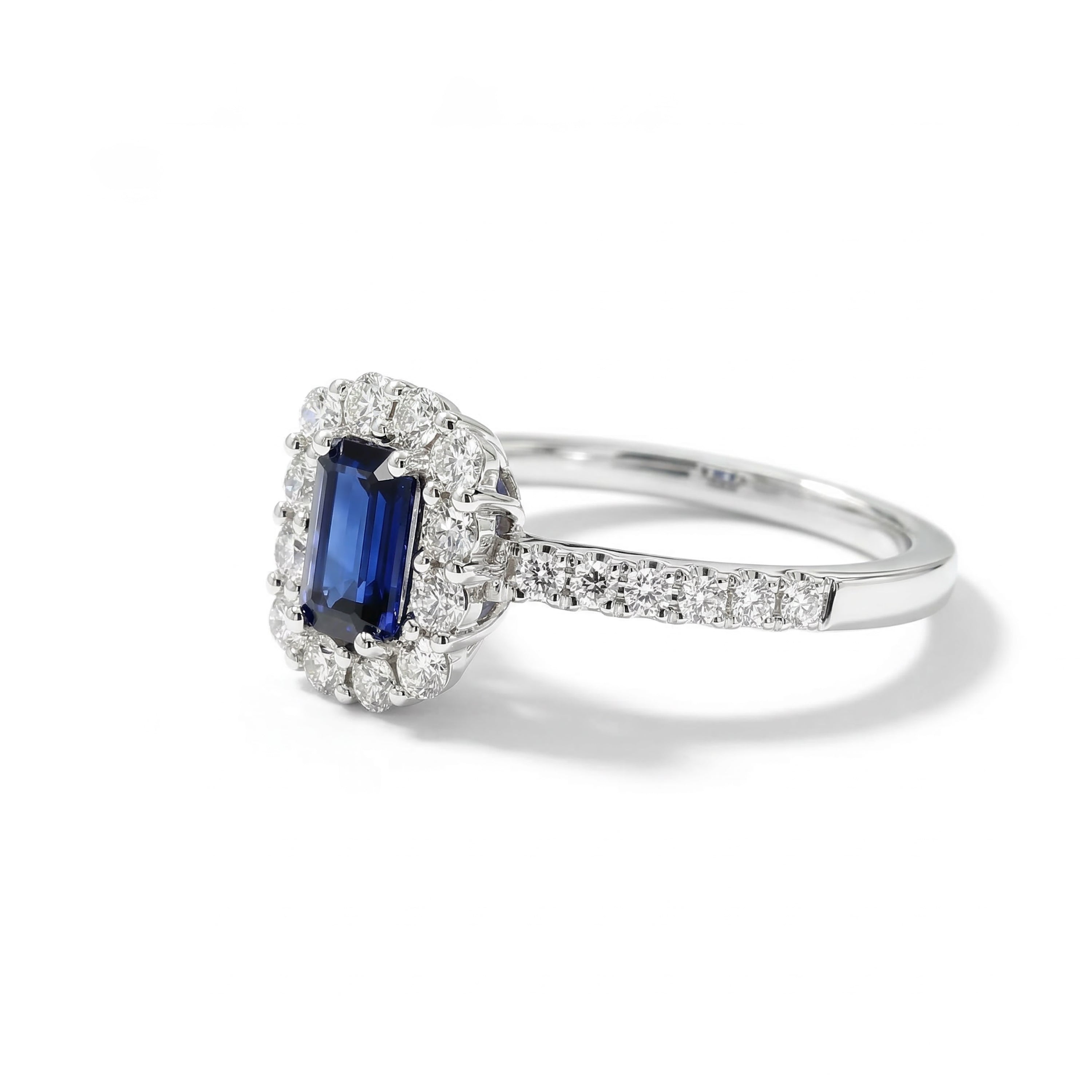 Natural Emerald Cut Sapphire & White Diamond Halo Ring product image 2
