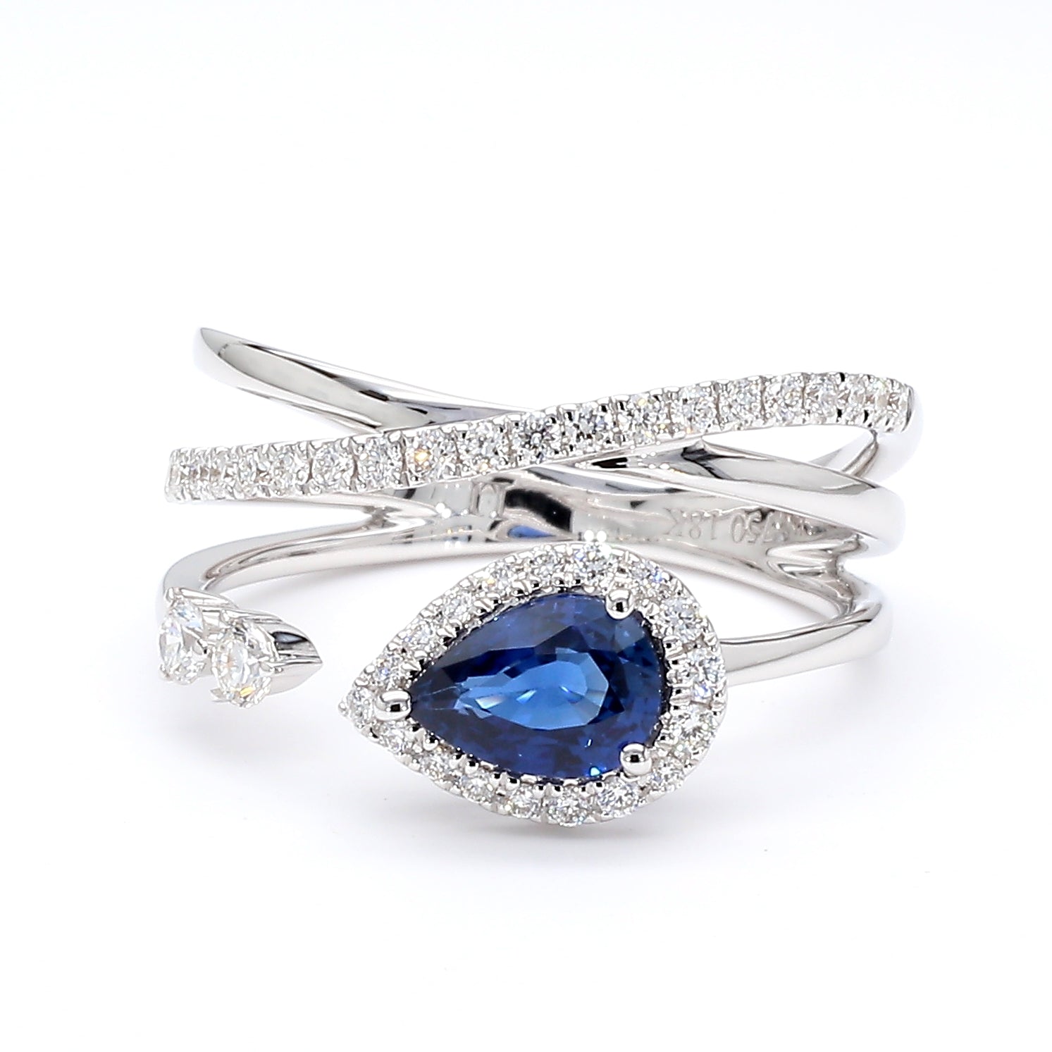 Natural Pear Sapphire & Diamond Crossover Halo Ring
