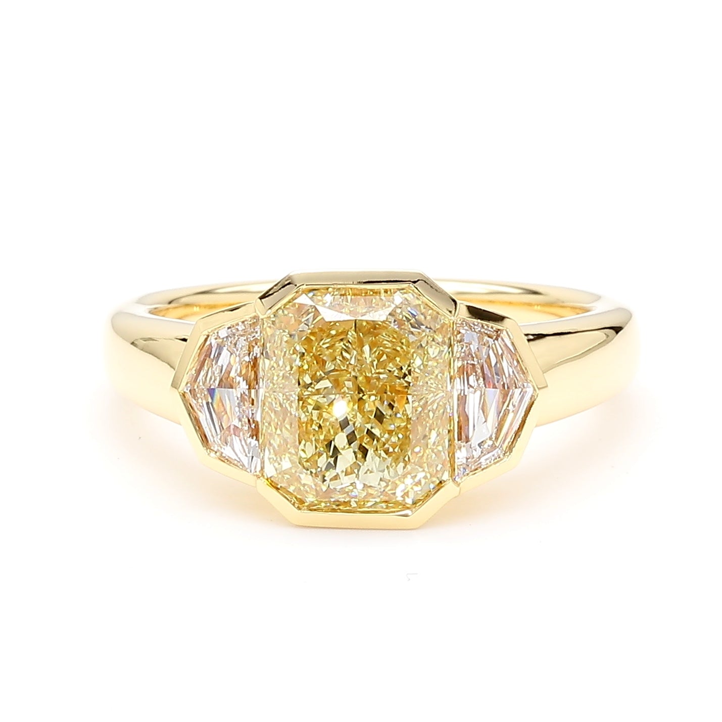 Natural Yellow Radiant Diamond Three Stone Bezel Ring | GIA Certified