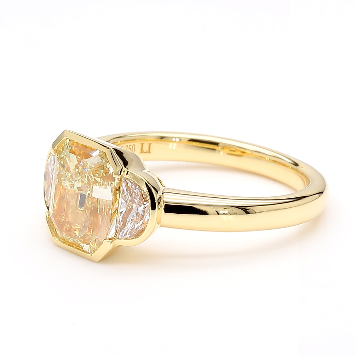 Natural Yellow Radiant Diamond Three Stone Bezel Ring | GIA Certified