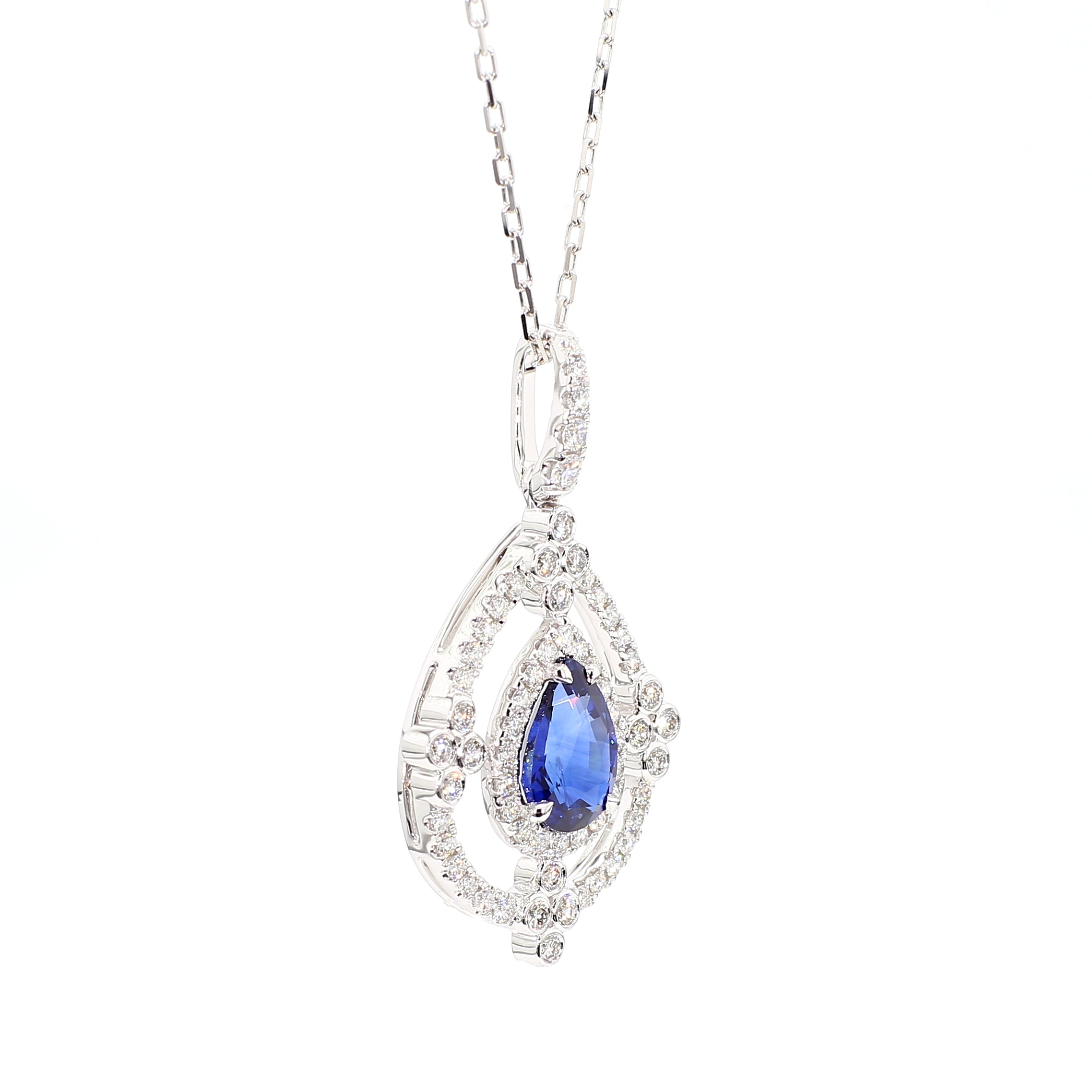 Natural Blue Pear Sapphire & White Diamond Pendant Gia CERTIFIED