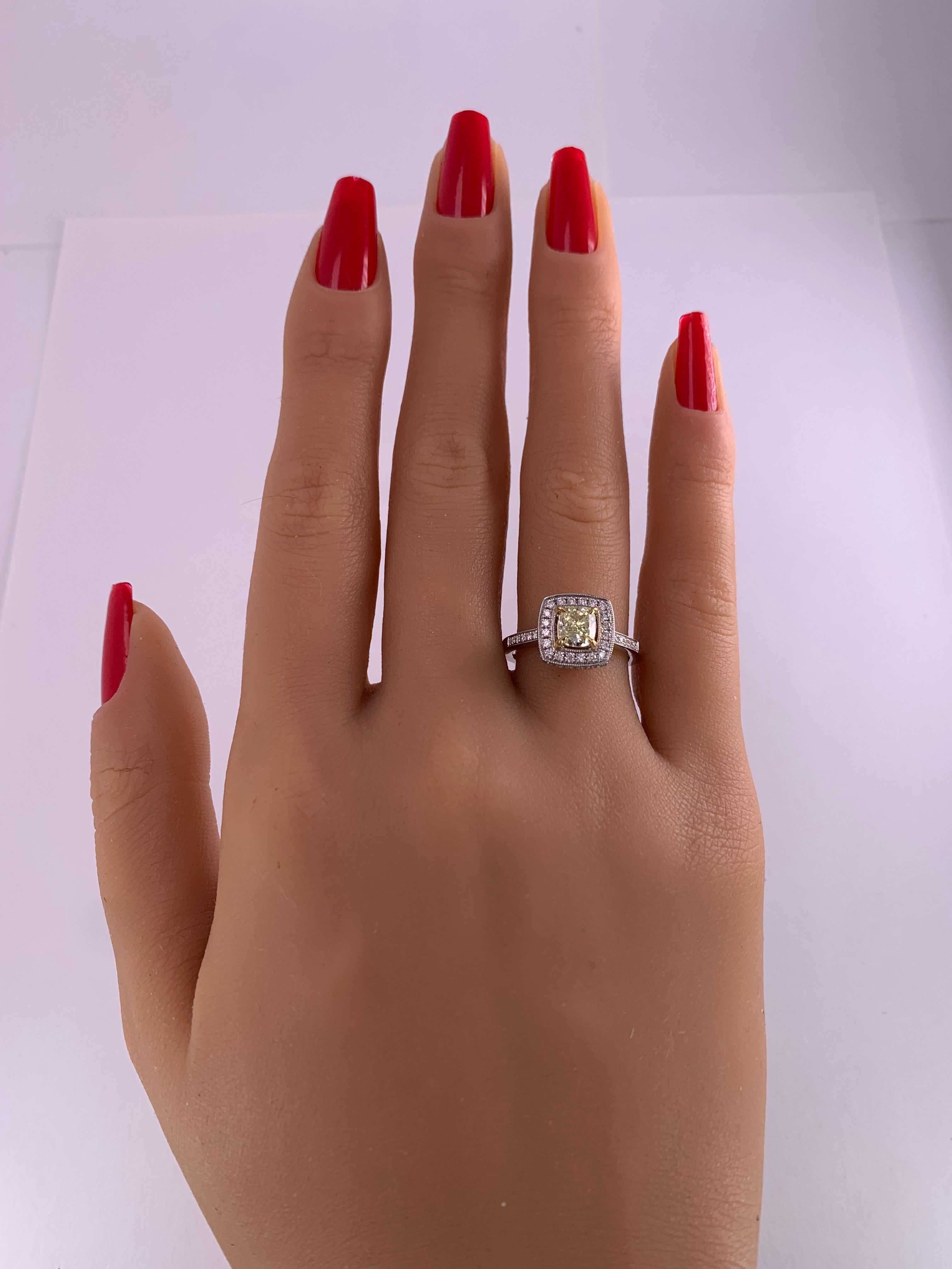 GIA Certified Natural Yellow Cushion and White Diamond 1.15 Carat TW Gold Ring