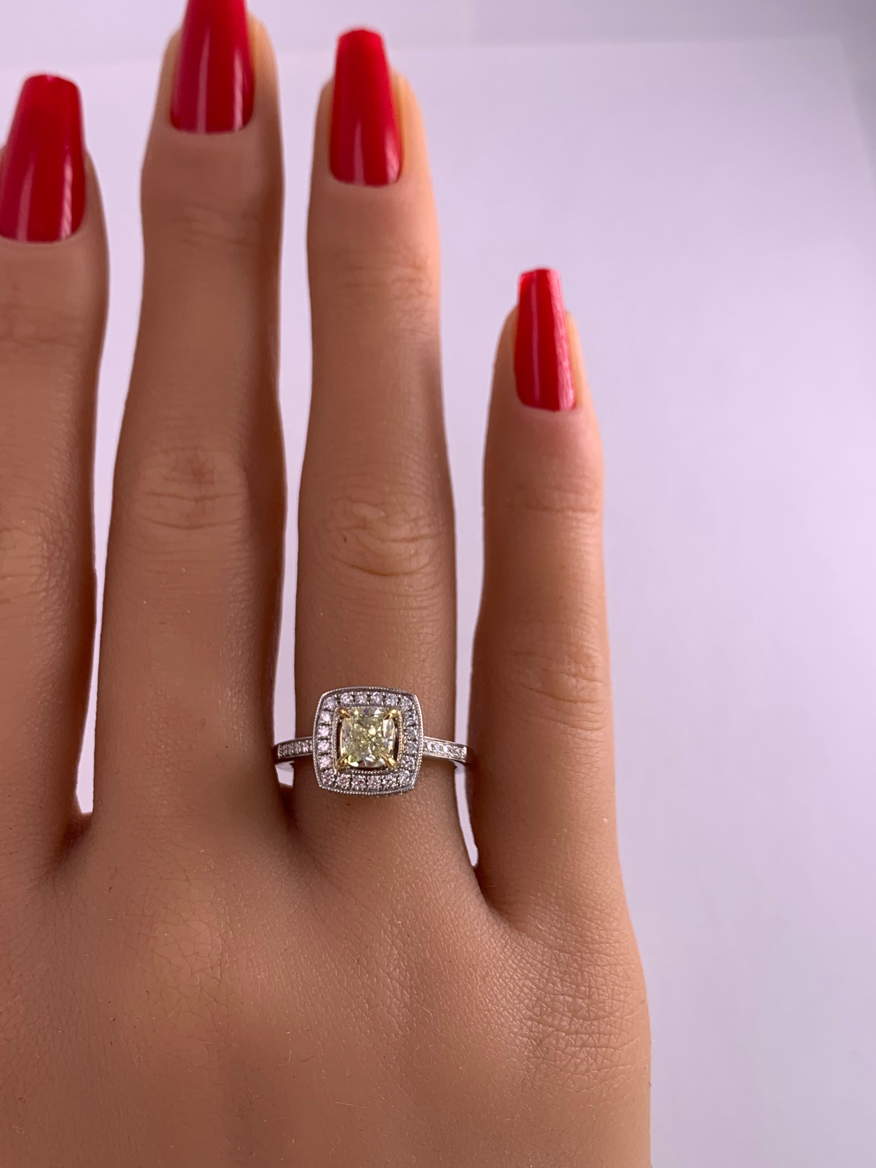GIA Certified Natural Yellow Cushion and White Diamond 1.15 Carat TW Gold Ring