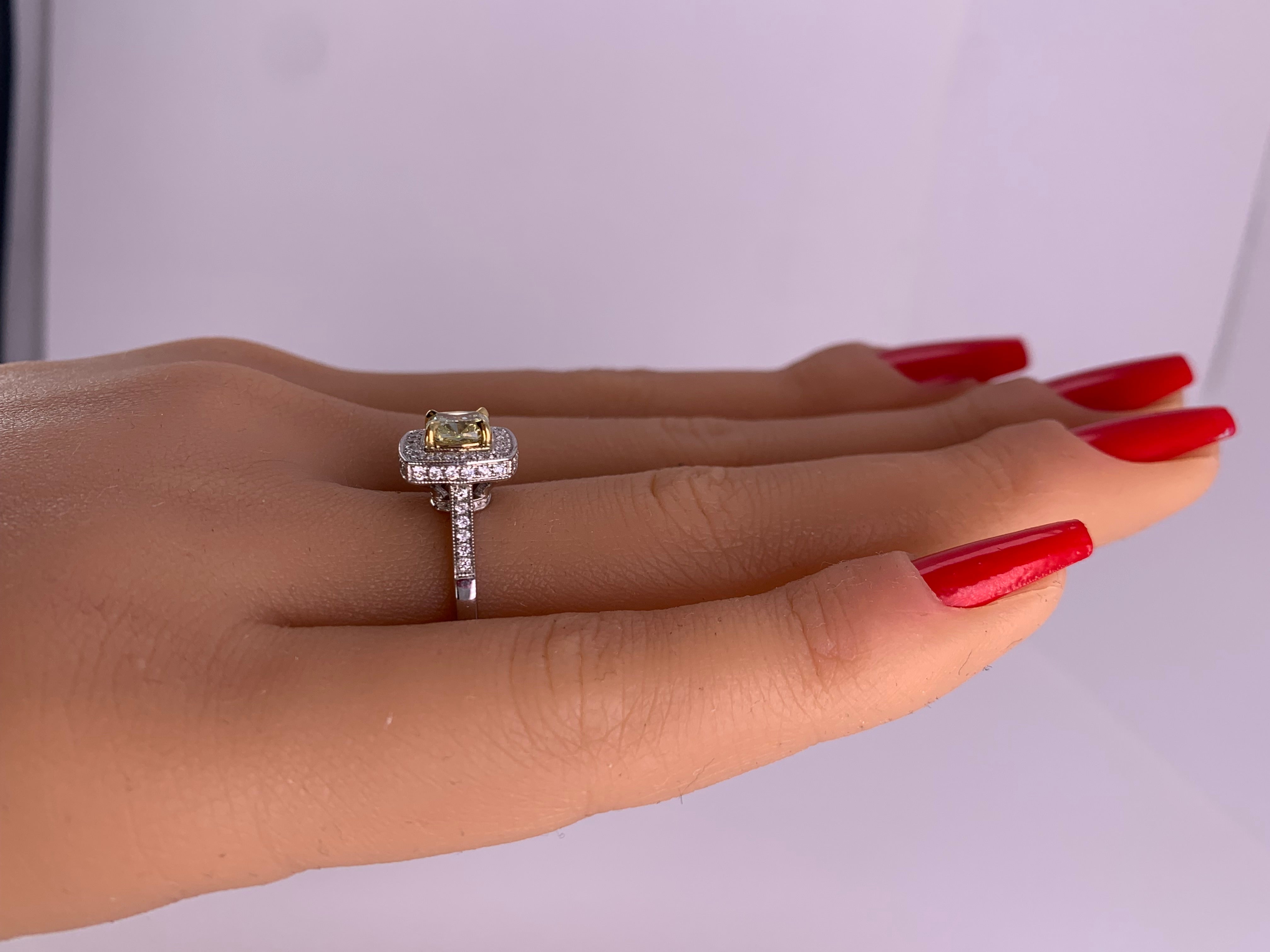 GIA Certified Natural Yellow Cushion and White Diamond 1.15 Carat TW Gold Ring