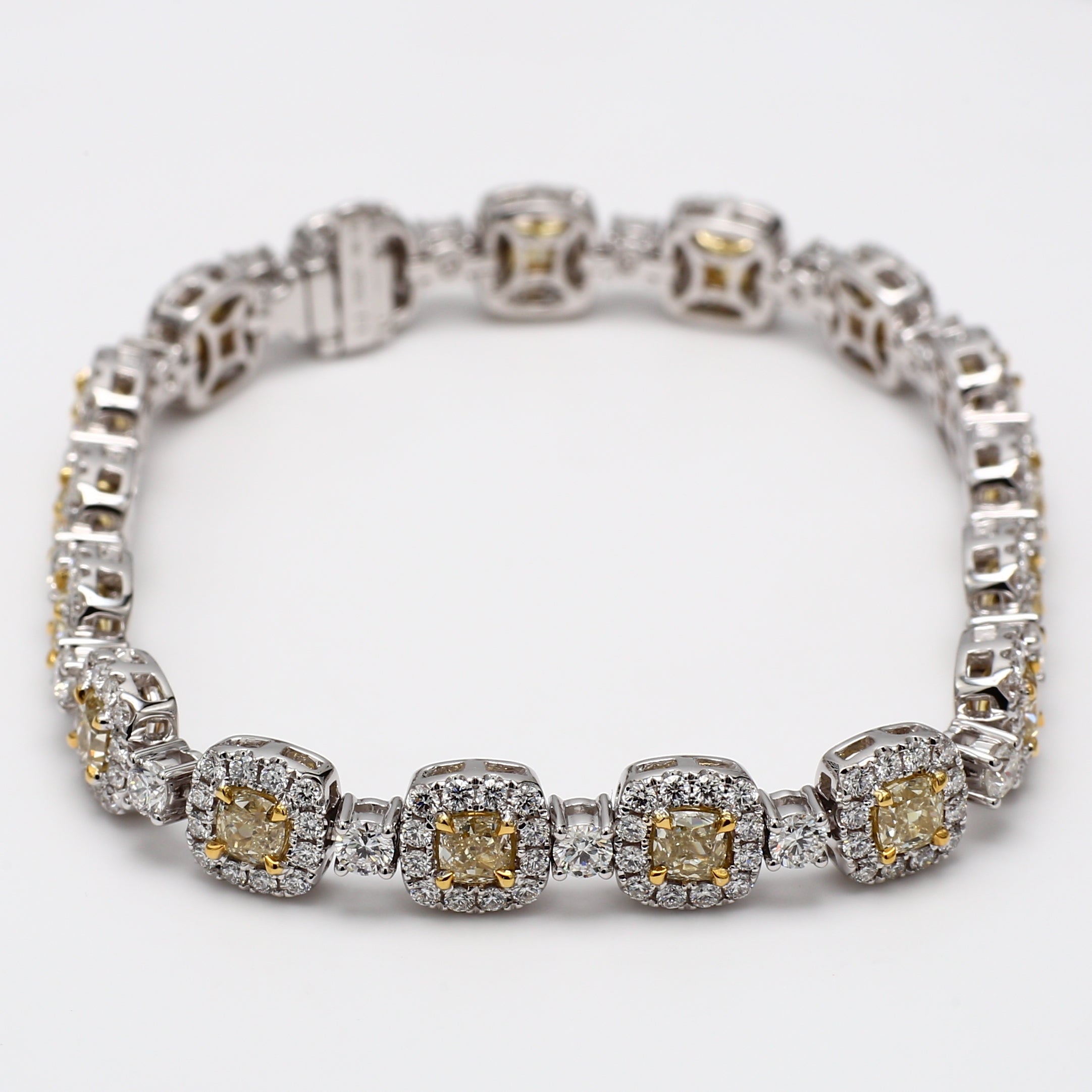 Natural Yellow Cushion and White Diamond 9.01 Carat TW Gold Bracelet