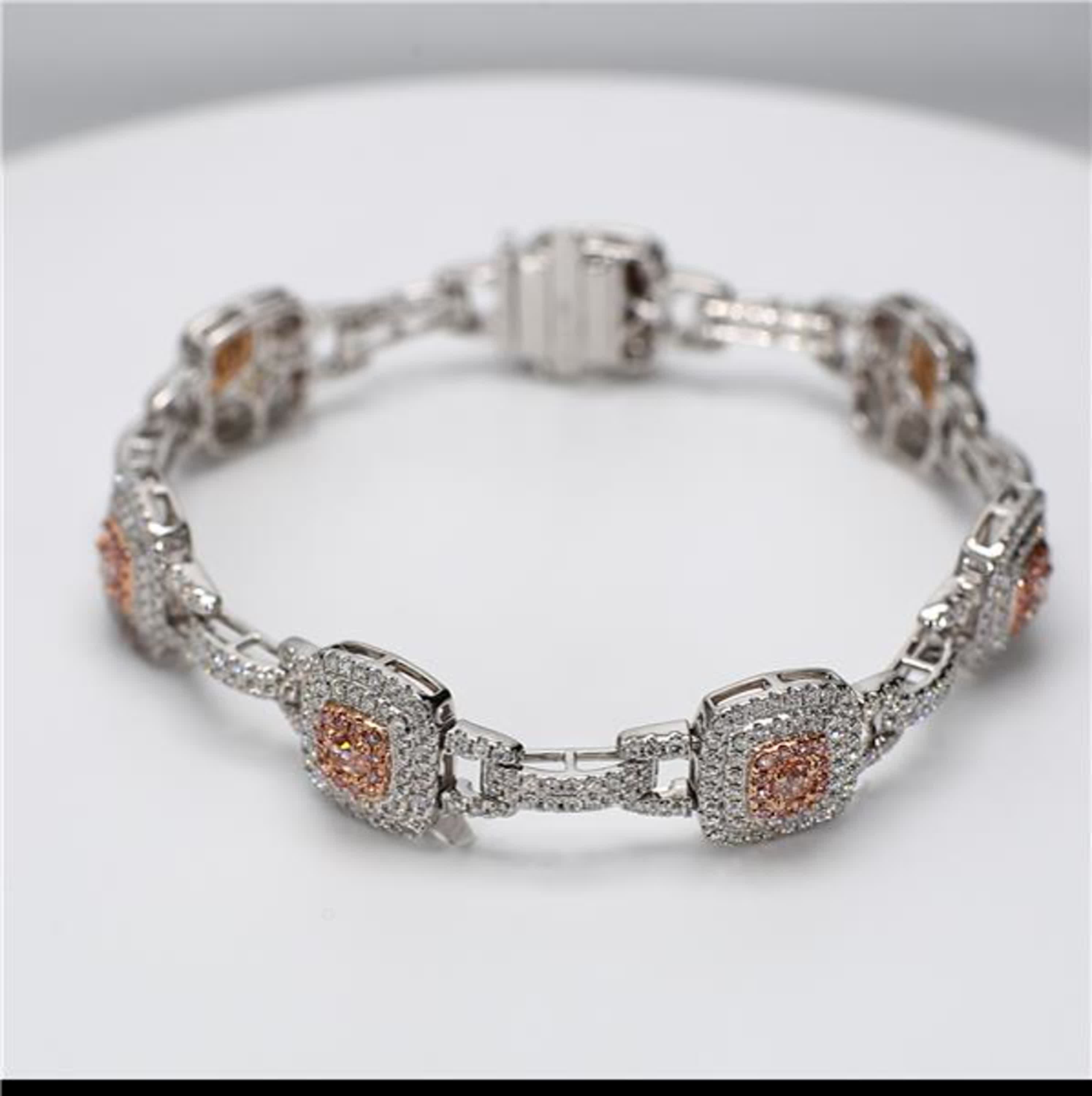 GIA Certified Natural Pink Radiant and White Diamond 3.89 Carat TW Gold Bracelet