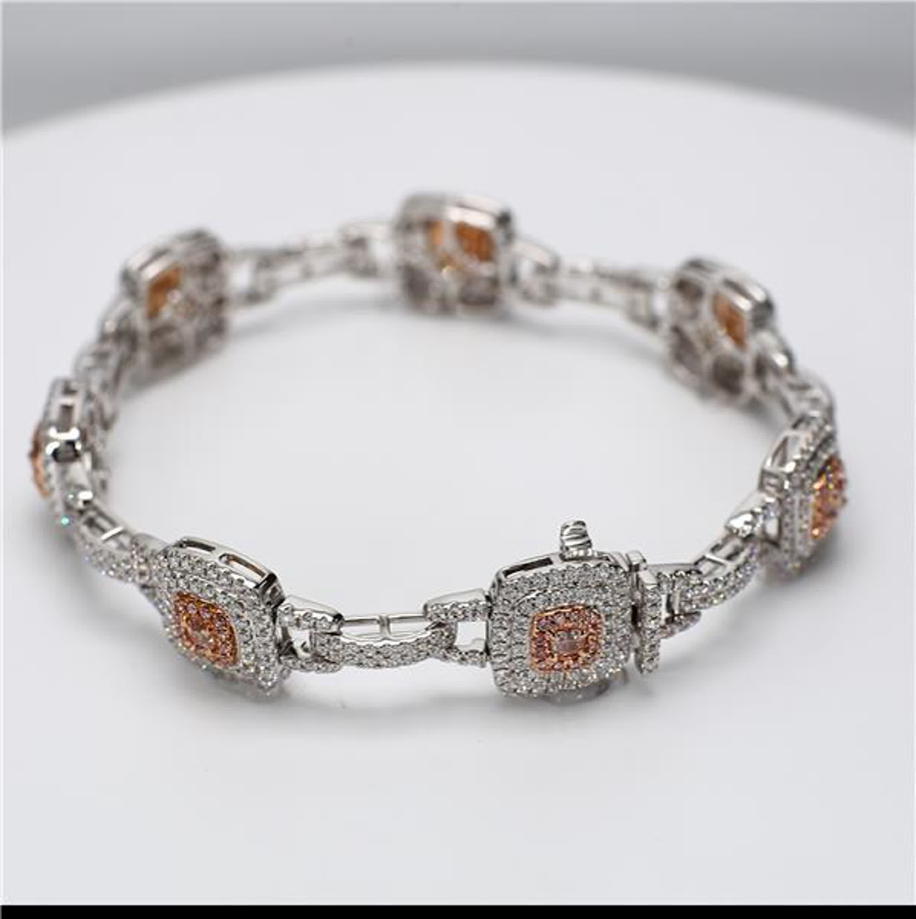 GIA Certified Natural Pink Radiant and White Diamond 3.89 Carat TW Gold Bracelet