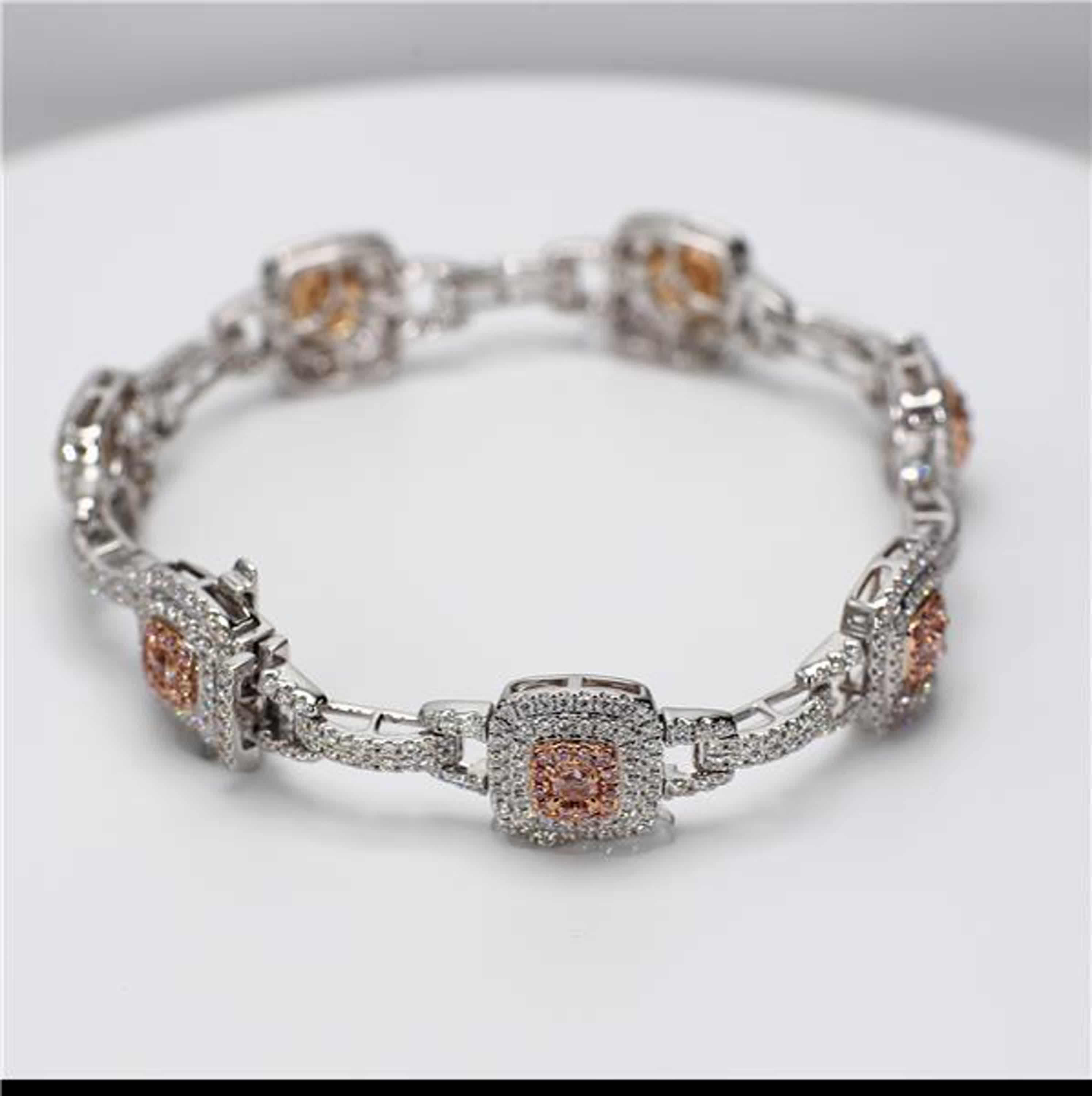 GIA Certified Natural Pink Radiant and White Diamond 3.89 Carat TW Gold Bracelet