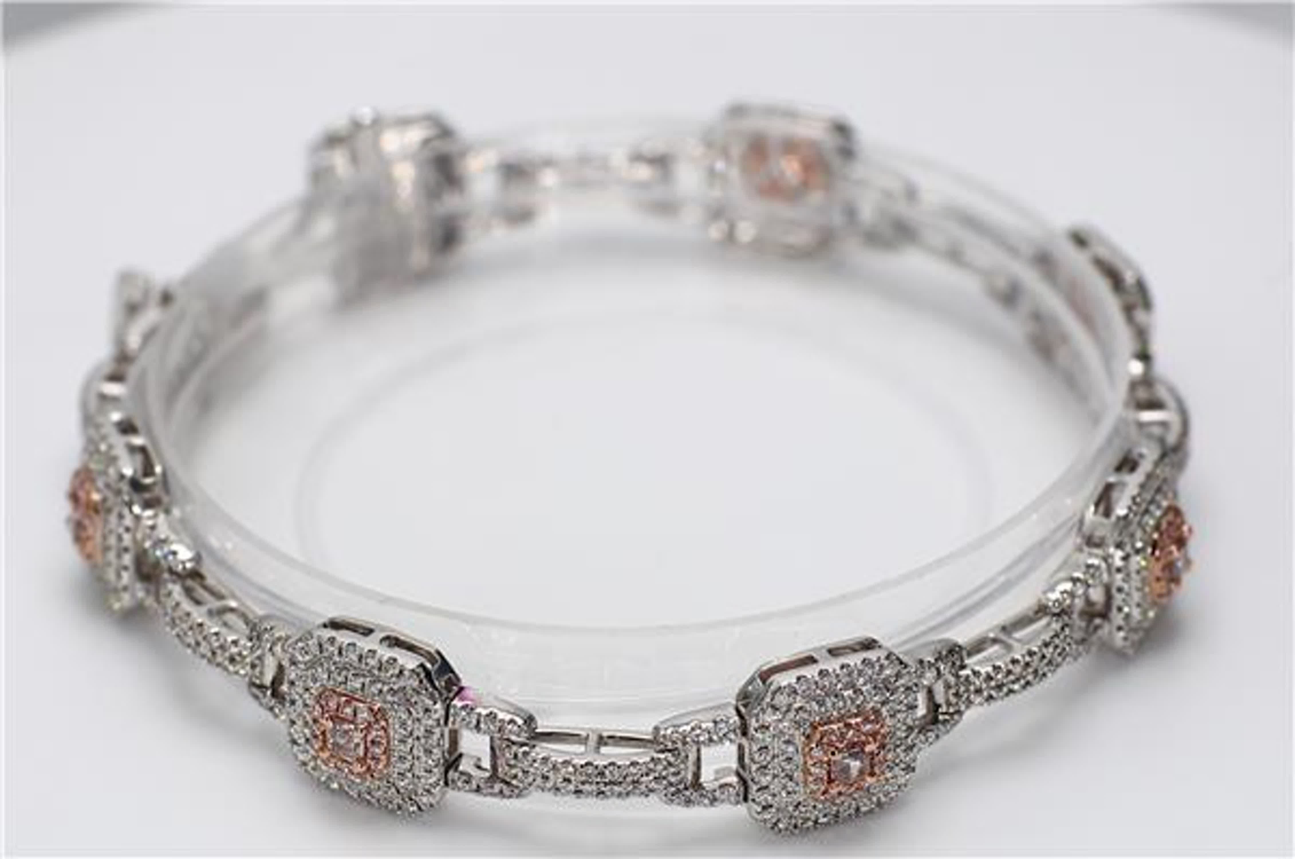 GIA Certified Natural Pink Radiant and White Diamond 3.19 Carat TW Gold Bracelet
