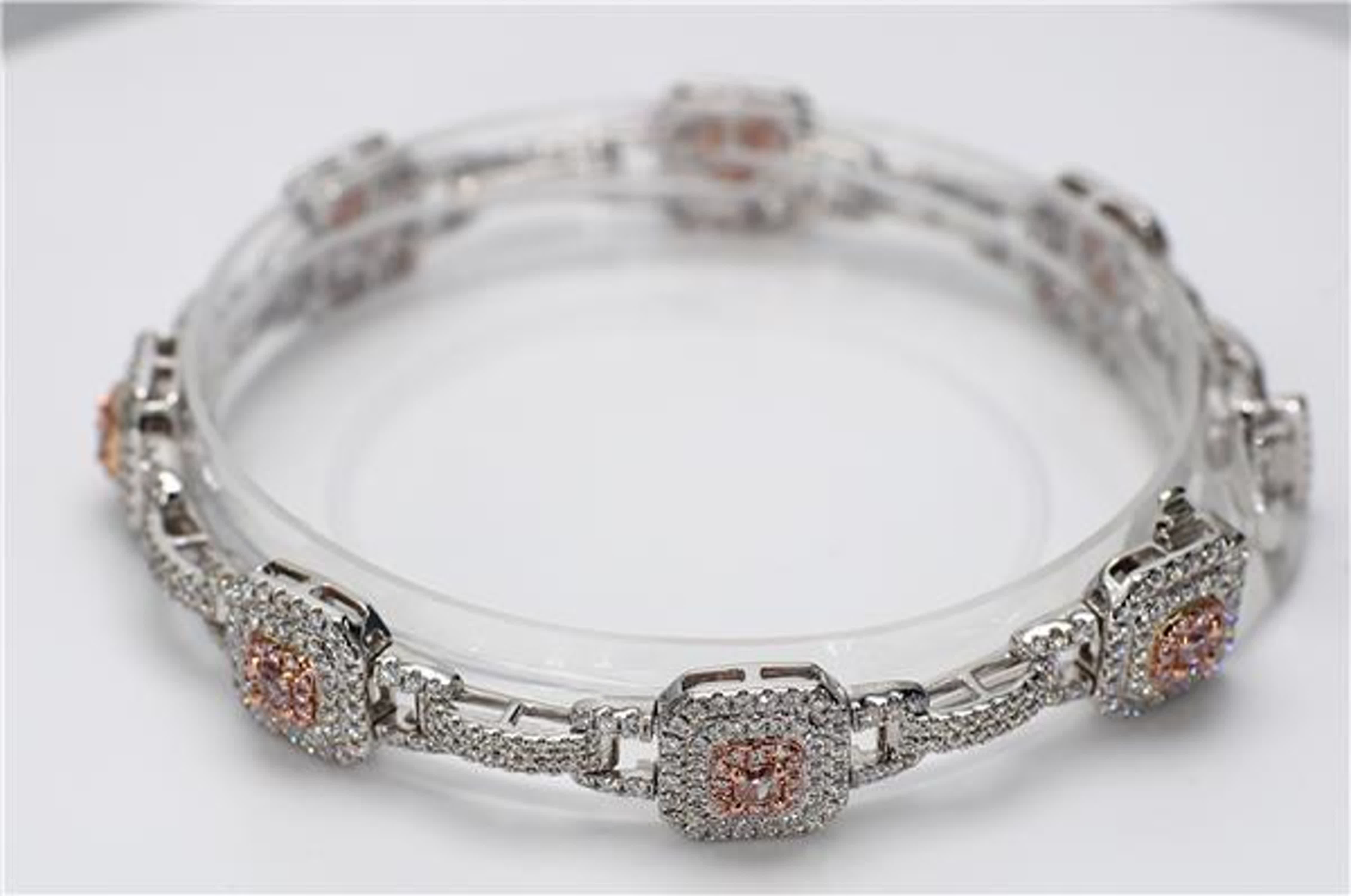GIA Certified Natural Pink Radiant and White Diamond 3.19 Carat TW Gold Bracelet