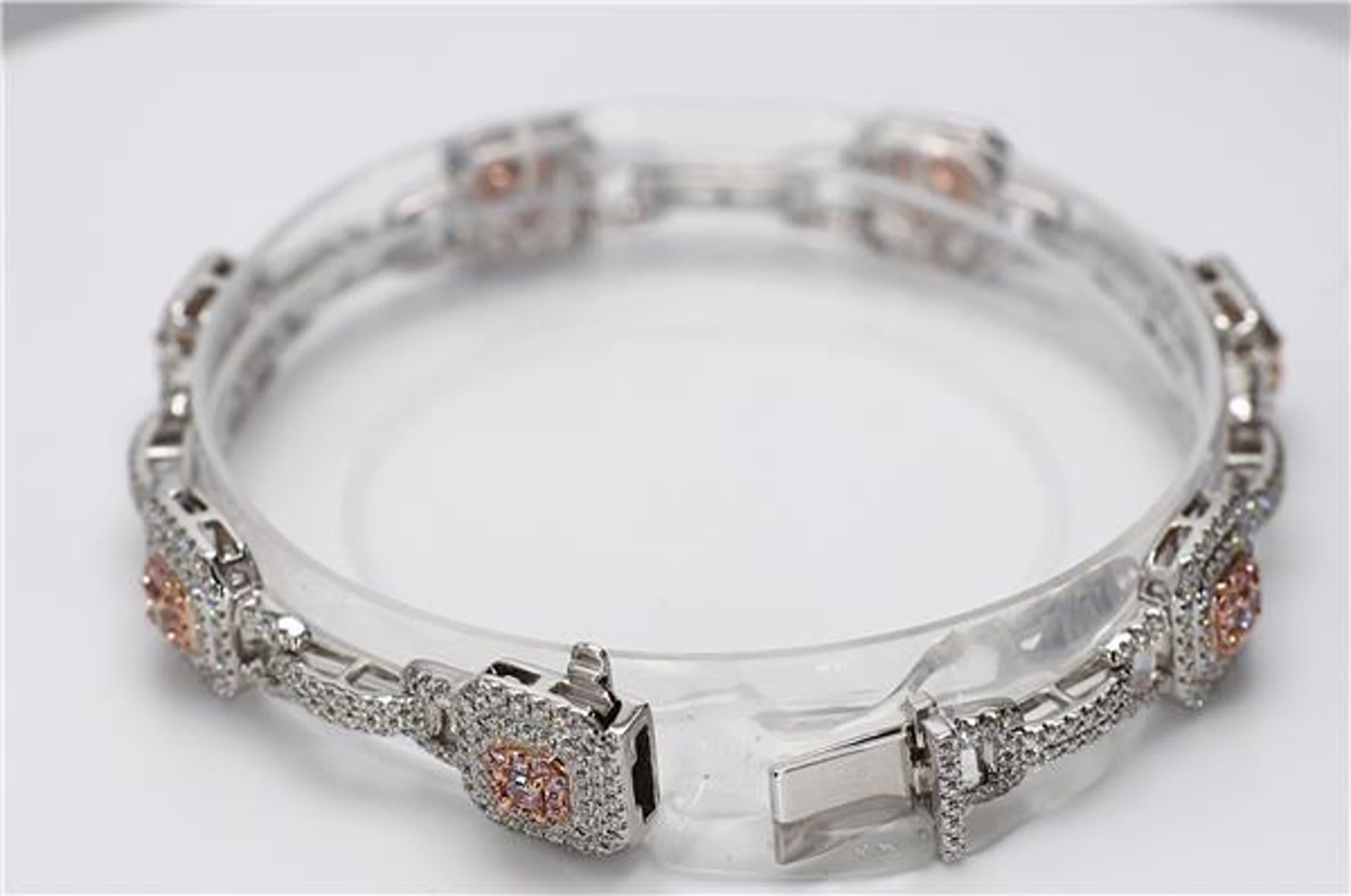 GIA Certified Natural Pink Radiant and White Diamond 3.19 Carat TW Gold Bracelet
