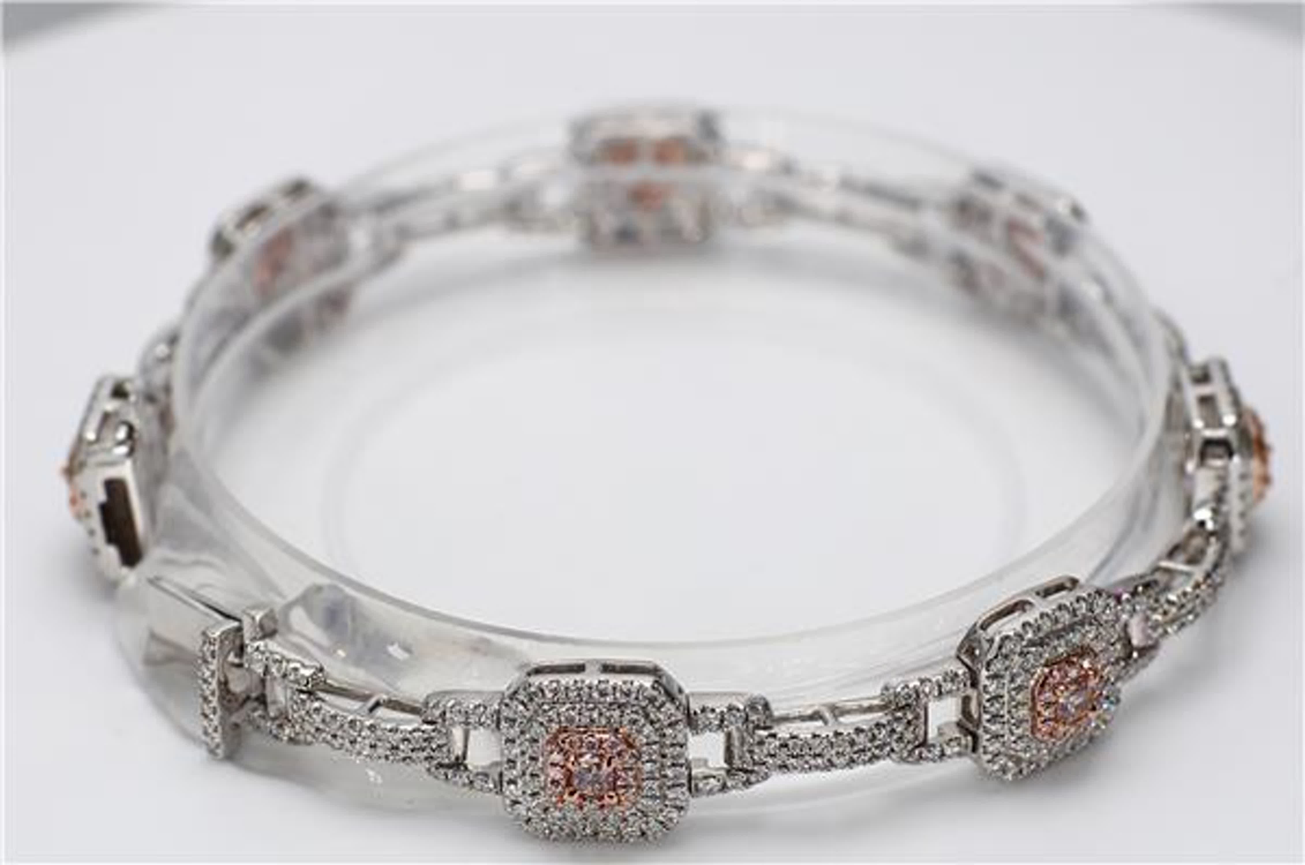 GIA Certified Natural Pink Radiant and White Diamond 3.19 Carat TW Gold Bracelet