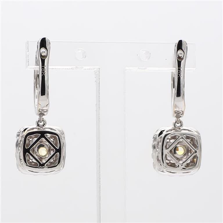 Natural Yellow Cushion and White Diamond 2.36 Carat TW Gold Drop Earrings