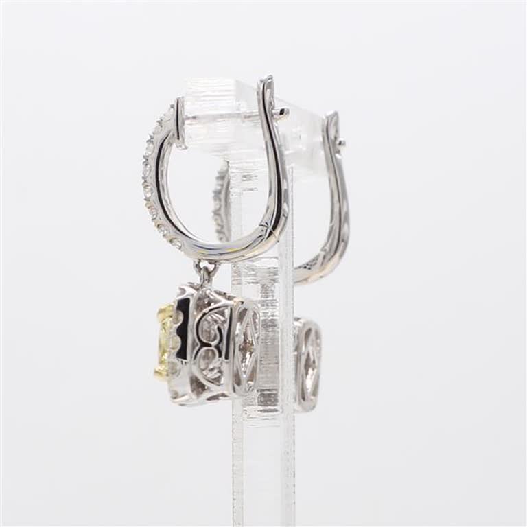 Natural Yellow Cushion and White Diamond 2.36 Carat TW Gold Drop Earrings