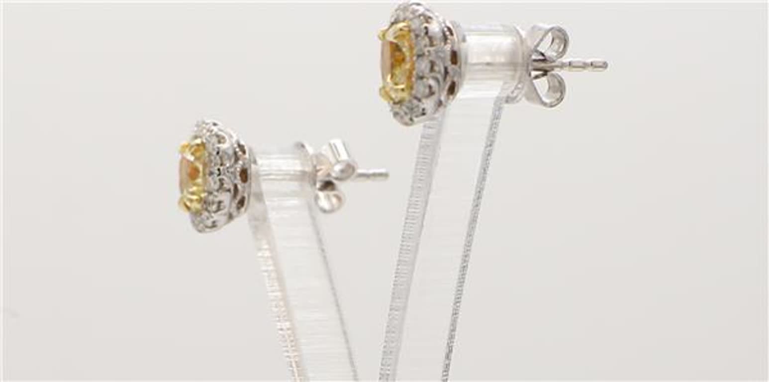 Natural Yellow Oval and White Diamond 1.26 Carat TW Gold Stud Earrings
