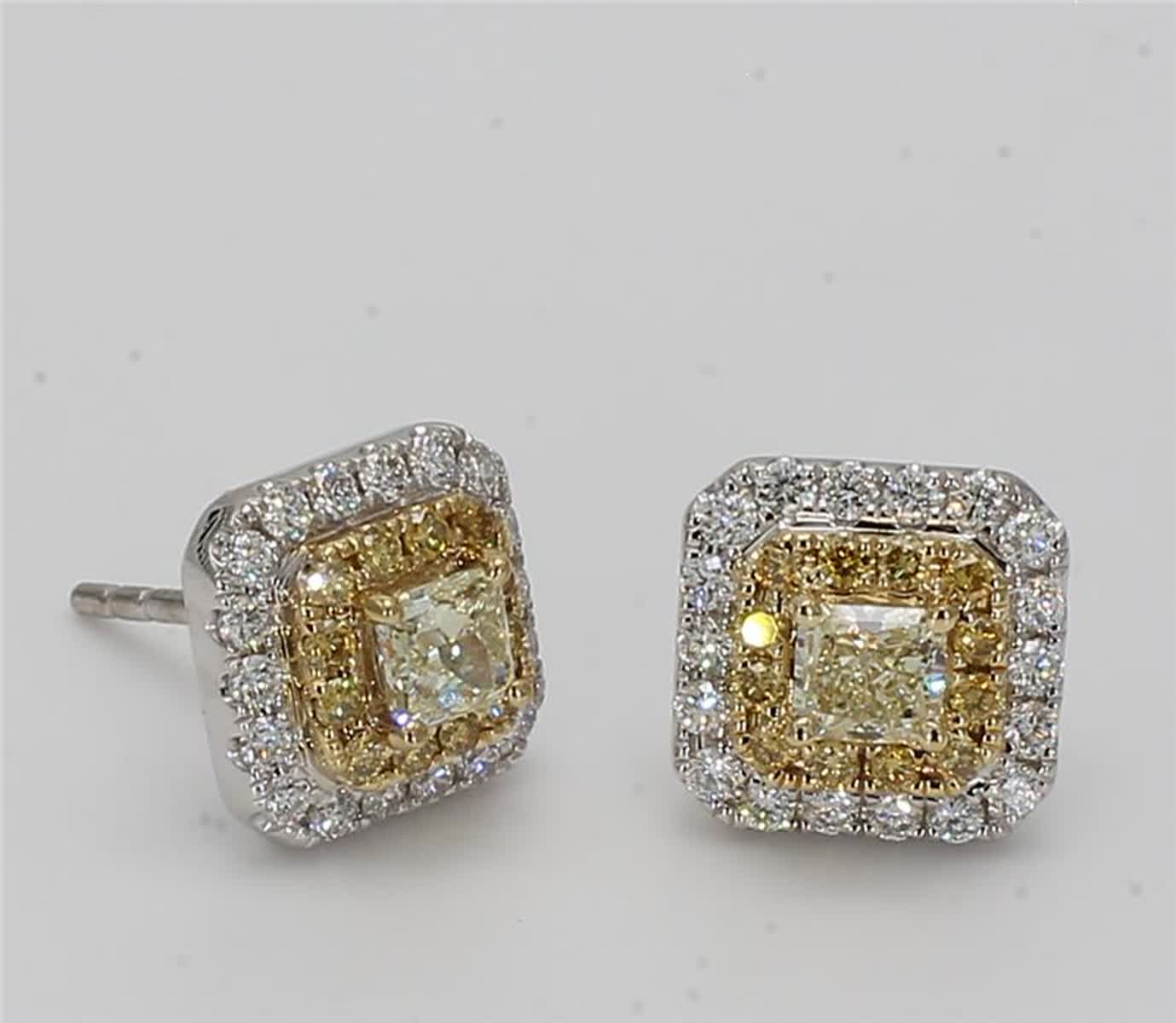Natural Yellow Cushion and White Diamond 1.24 Carat TW Gold Stud Earrings