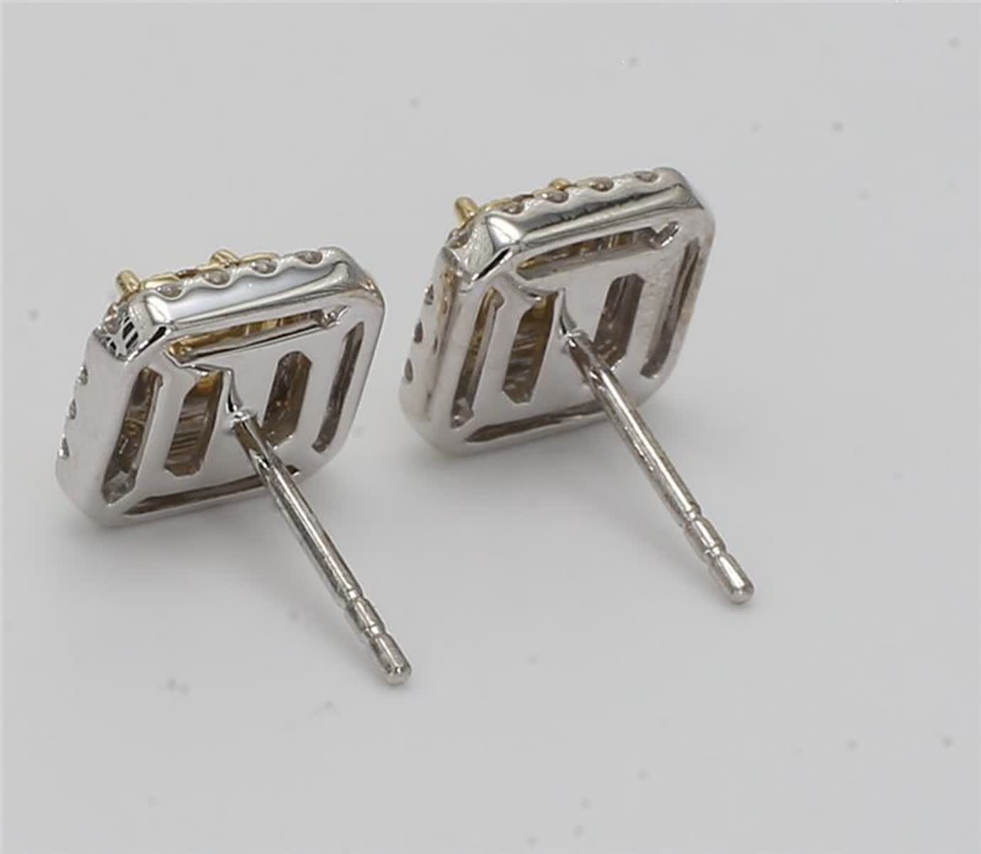 Natural Yellow Cushion and White Diamond 1.24 Carat TW Gold Stud Earrings