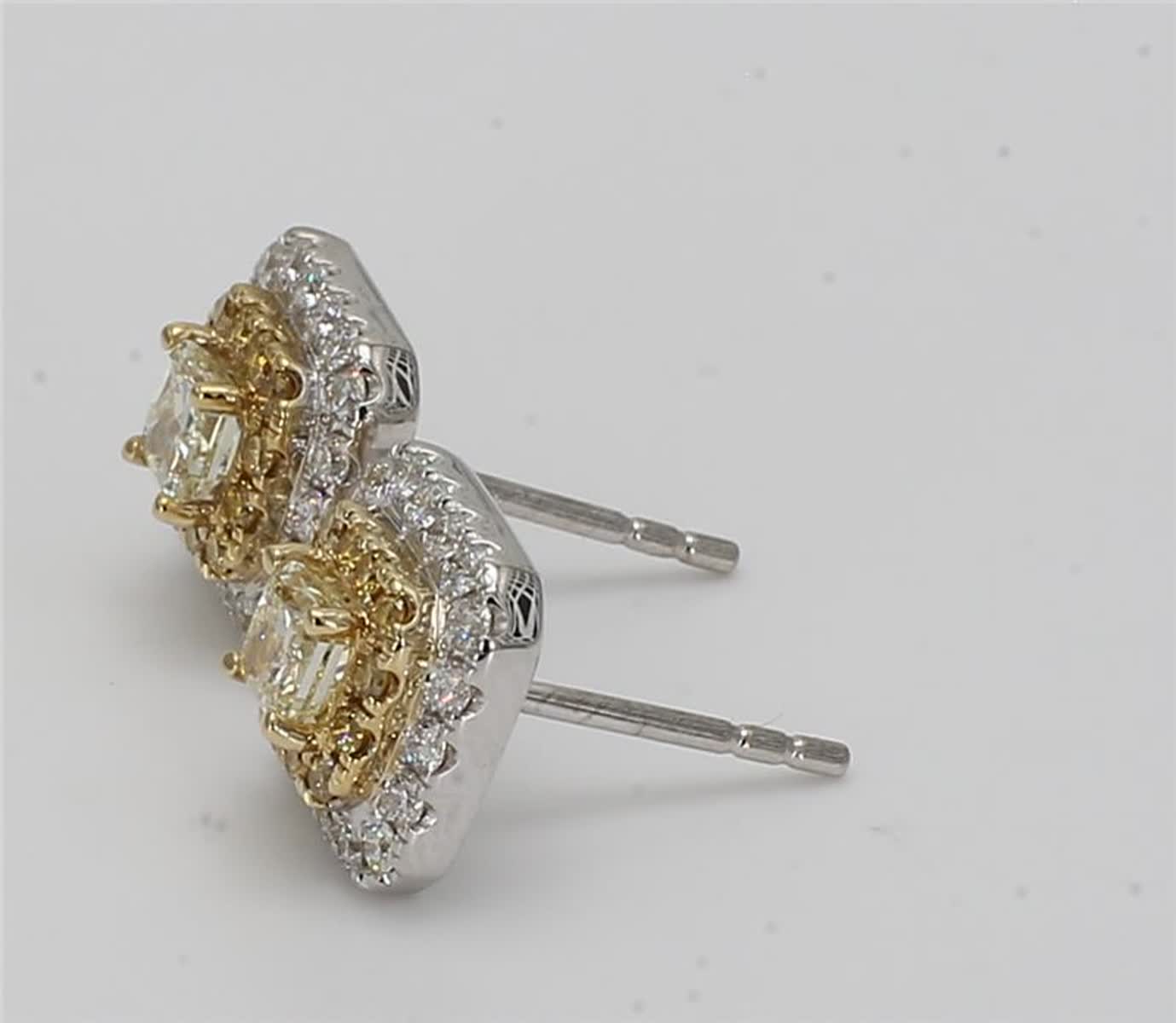 Natural Yellow Cushion and White Diamond 1.24 Carat TW Gold Stud Earrings
