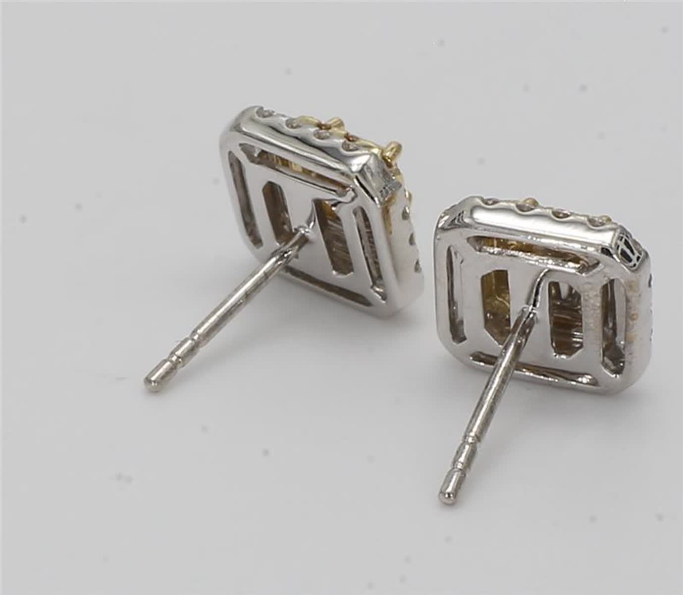 Natural Yellow Cushion and White Diamond 1.24 Carat TW Gold Stud Earrings