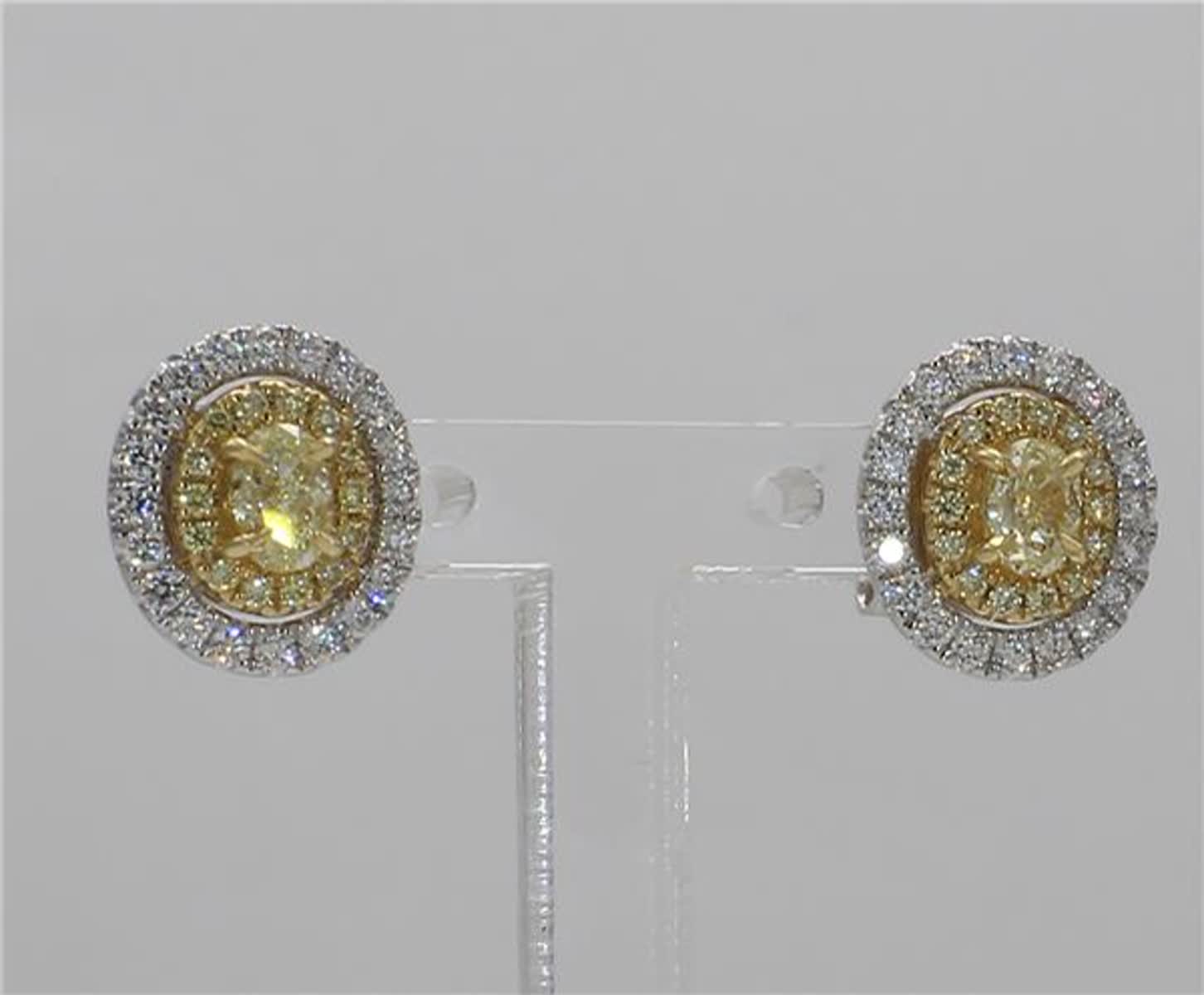 Natural Yellow Oval and White Diamond .94 Carat TW Gold Stud Earrings