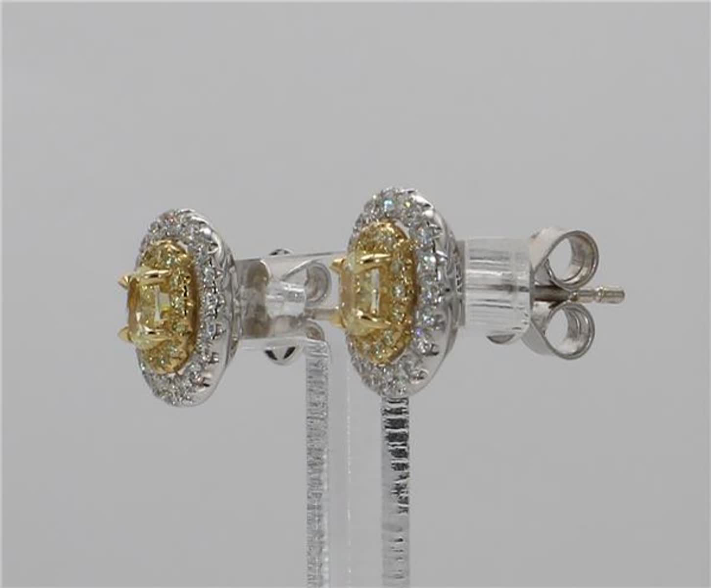 Natural Yellow Oval and White Diamond .94 Carat TW Gold Stud Earrings