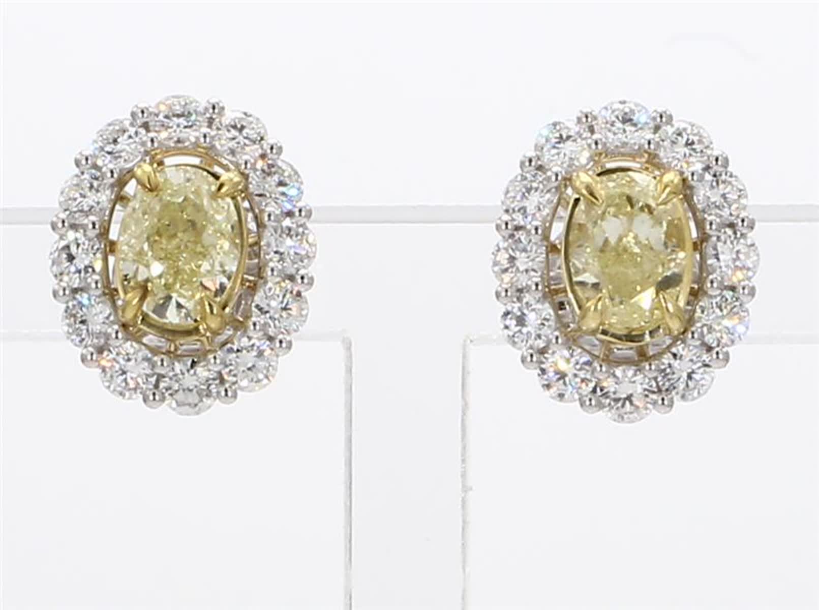 Natural Yellow Oval and White Diamond 2.67 Carat TW Gold Stud Earrings