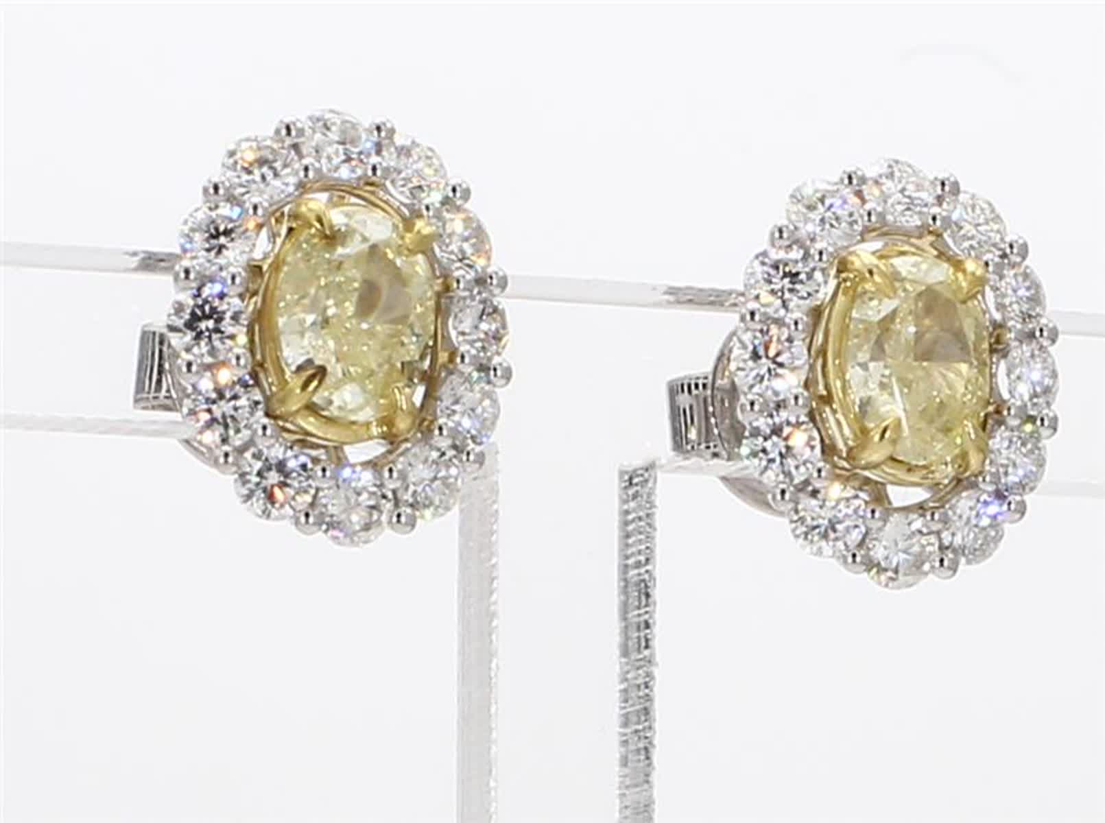 Natural Yellow Oval and White Diamond 2.67 Carat TW Gold Stud Earrings