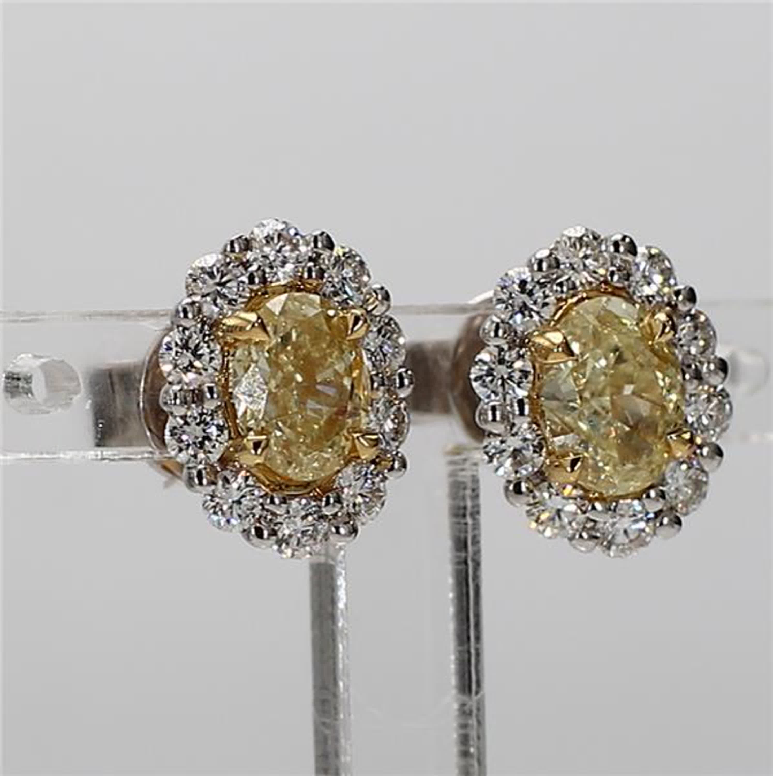 Natural Yellow Oval and White Diamond 2.15 Carat TW Gold Stud Earrings