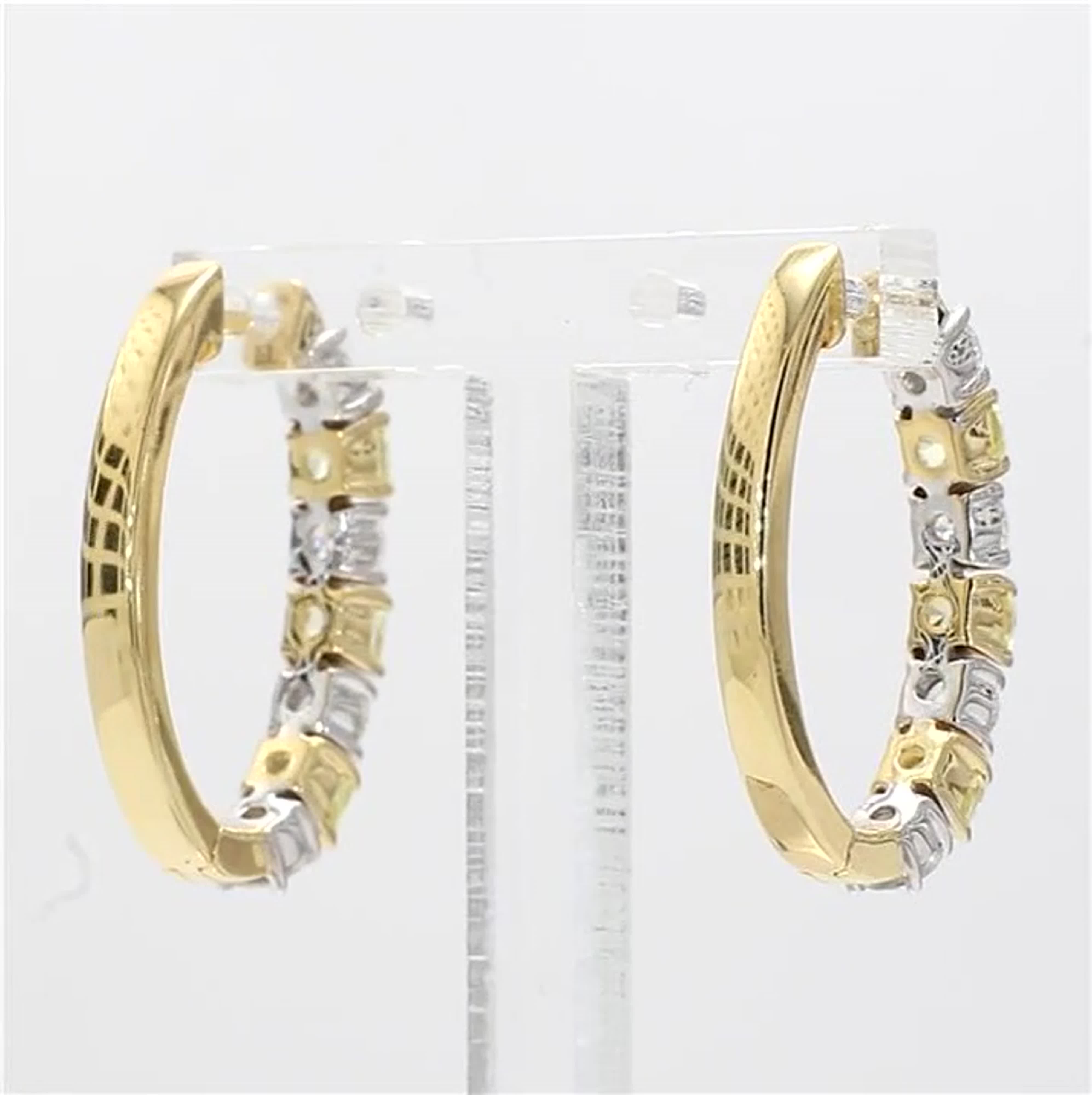 Natural Yellow Cushion and White Diamond 1.00 Carat TW Gold Hoop Earrings