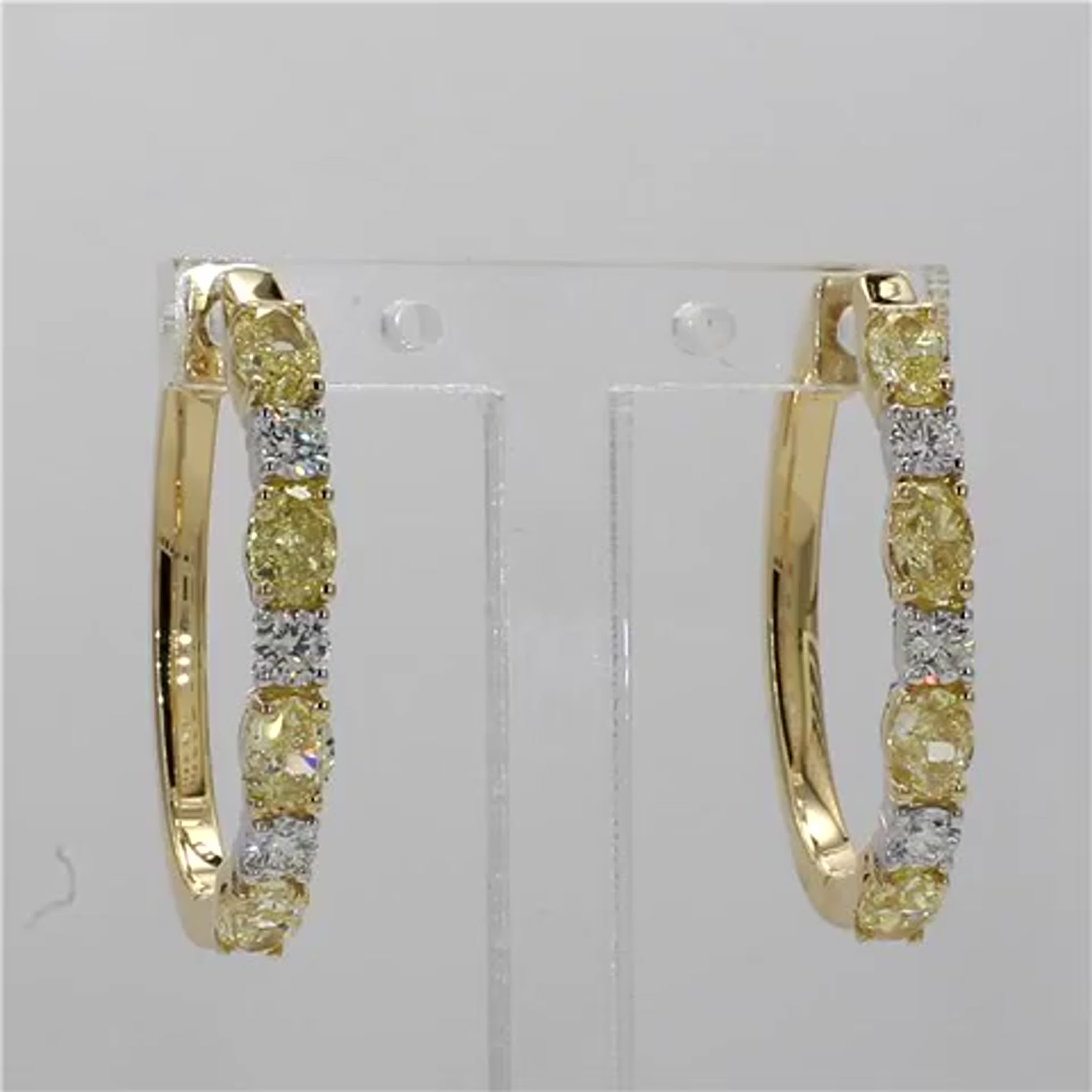 Natural Yellow Oval and White Diamond 2.41 Carat TW Gold Hoop Earrings