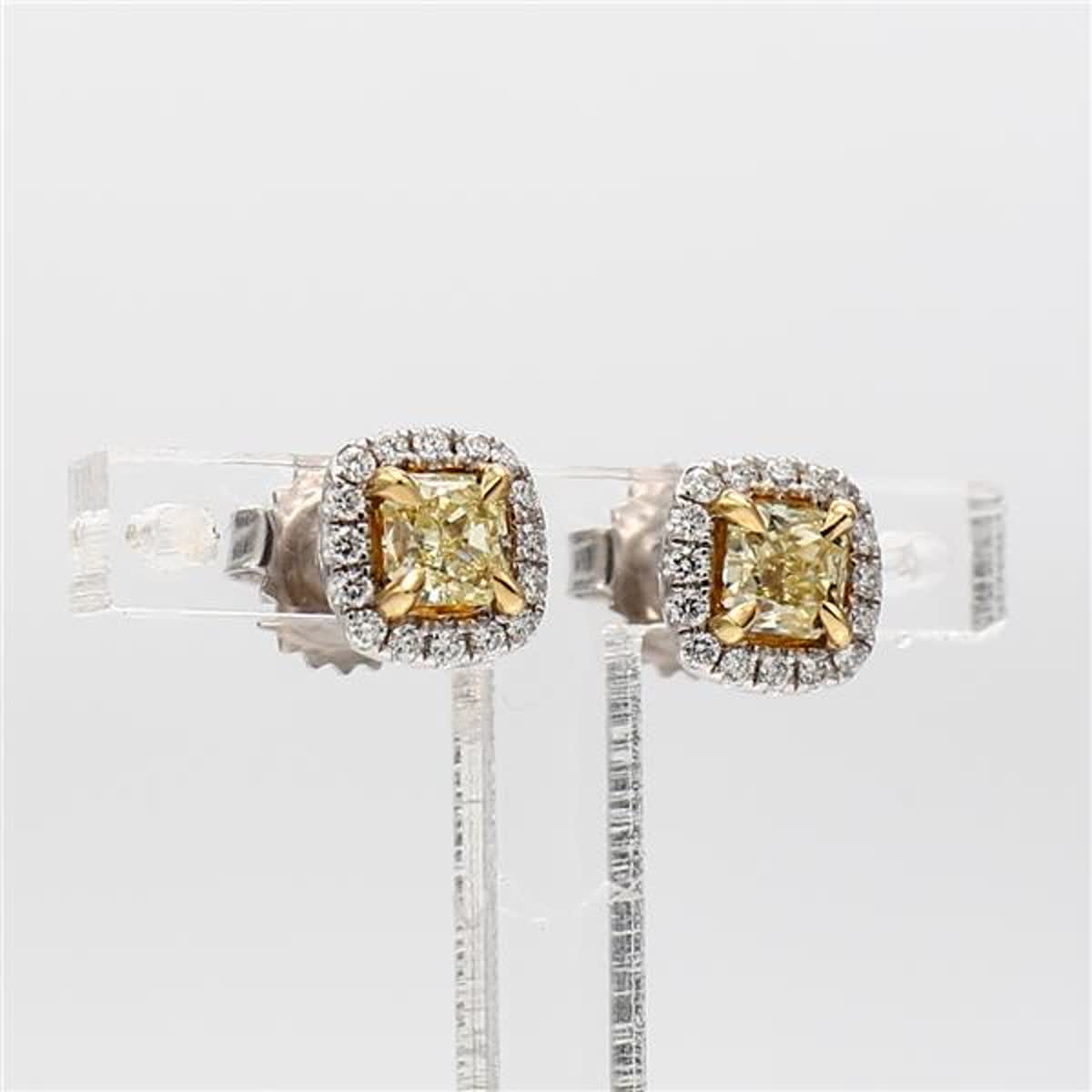 Natural Yellow Radiant and White Diamond .89 Carat TW Gold Stud Earrings