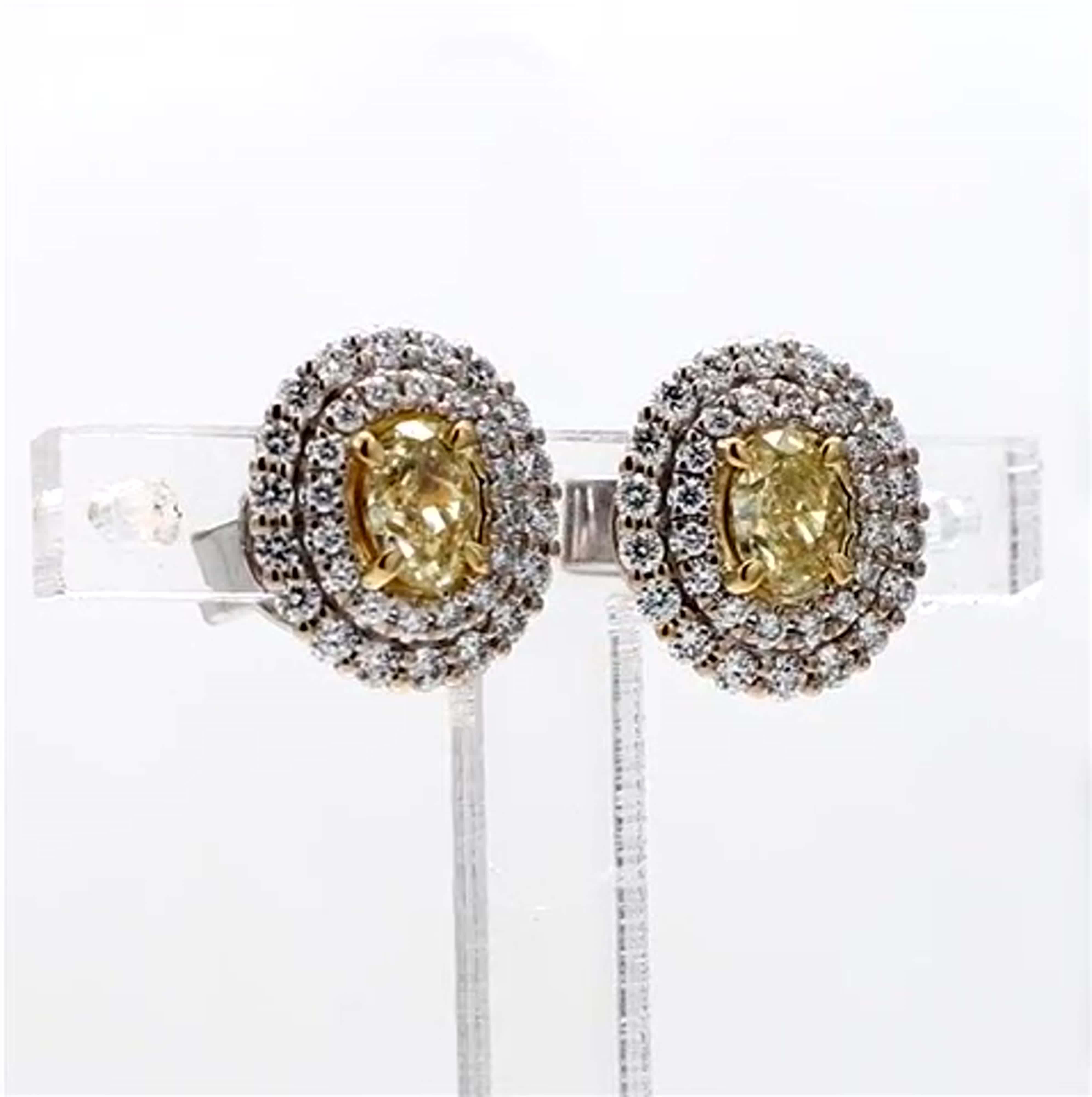 Natural Yellow Oval and White Diamond 1.02 Carat TW Gold Stud Earrings